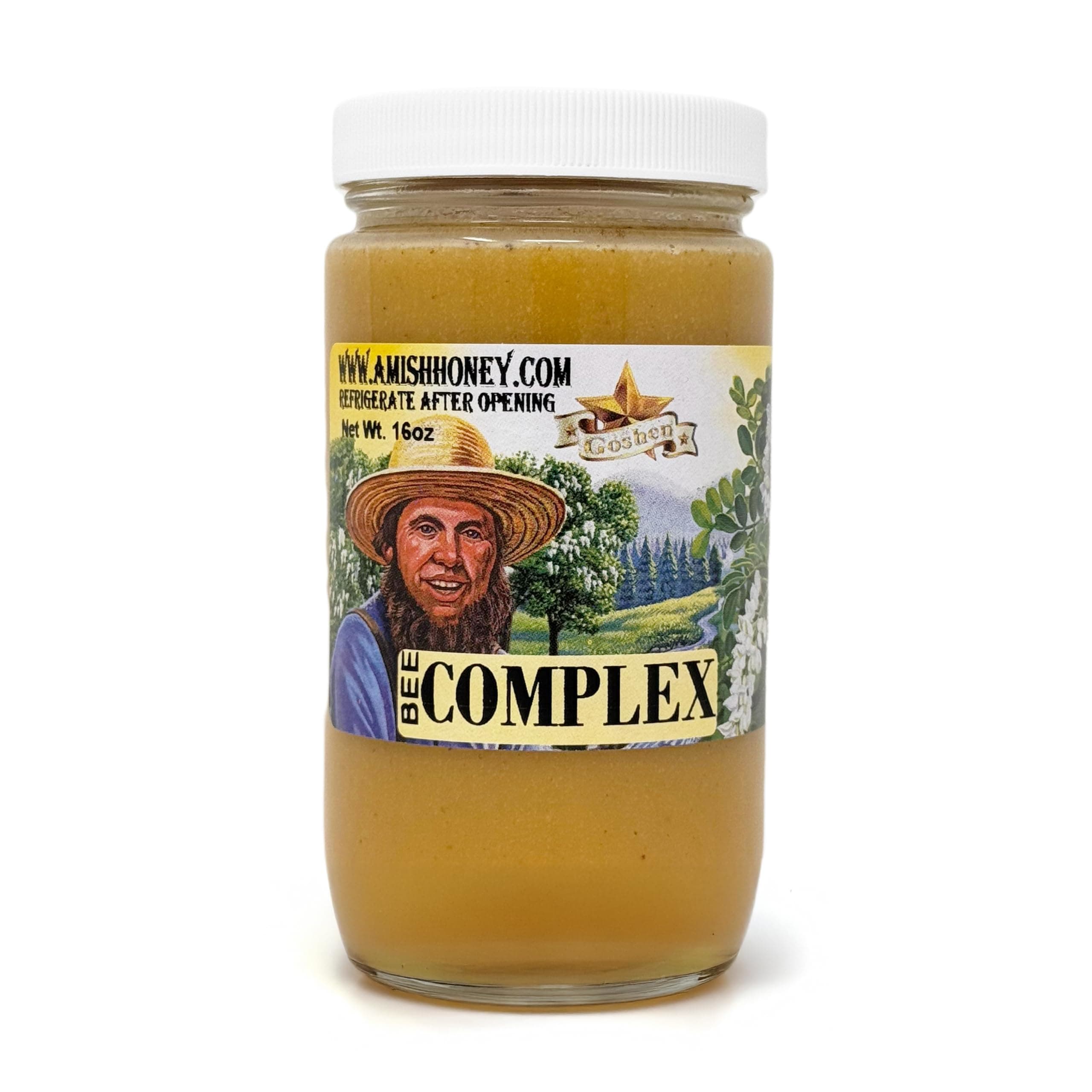 Goshen Amish Raw Honey Bee Complex - With 4 Types of Honey plus 4 Bee Hive Products - Unfiltered, Unprocessed, Pure & Natural Bee Essence - Wellness & Energy - Dairy & Gluten Free - 454g /16 Oz
