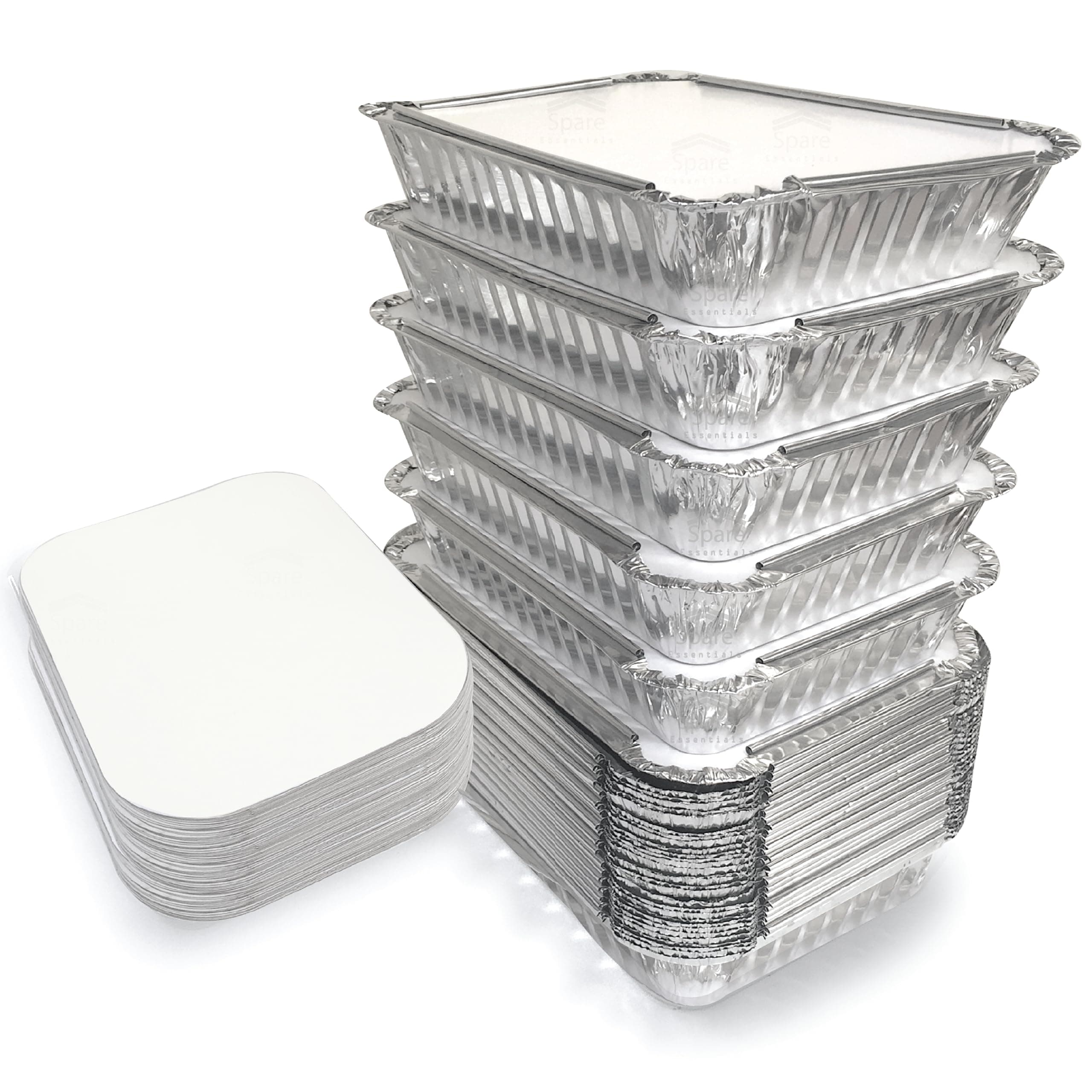 Spare Essentials 55 Pack - 2.25 LB Aluminum Pan/Containers with Lids/To Go Containers/Aluminum Pans with Lids/Take Out Containers/Aluminum Foil Food Containers From - 2.25Lb Capacity 8.5" x 6" x 1.5"