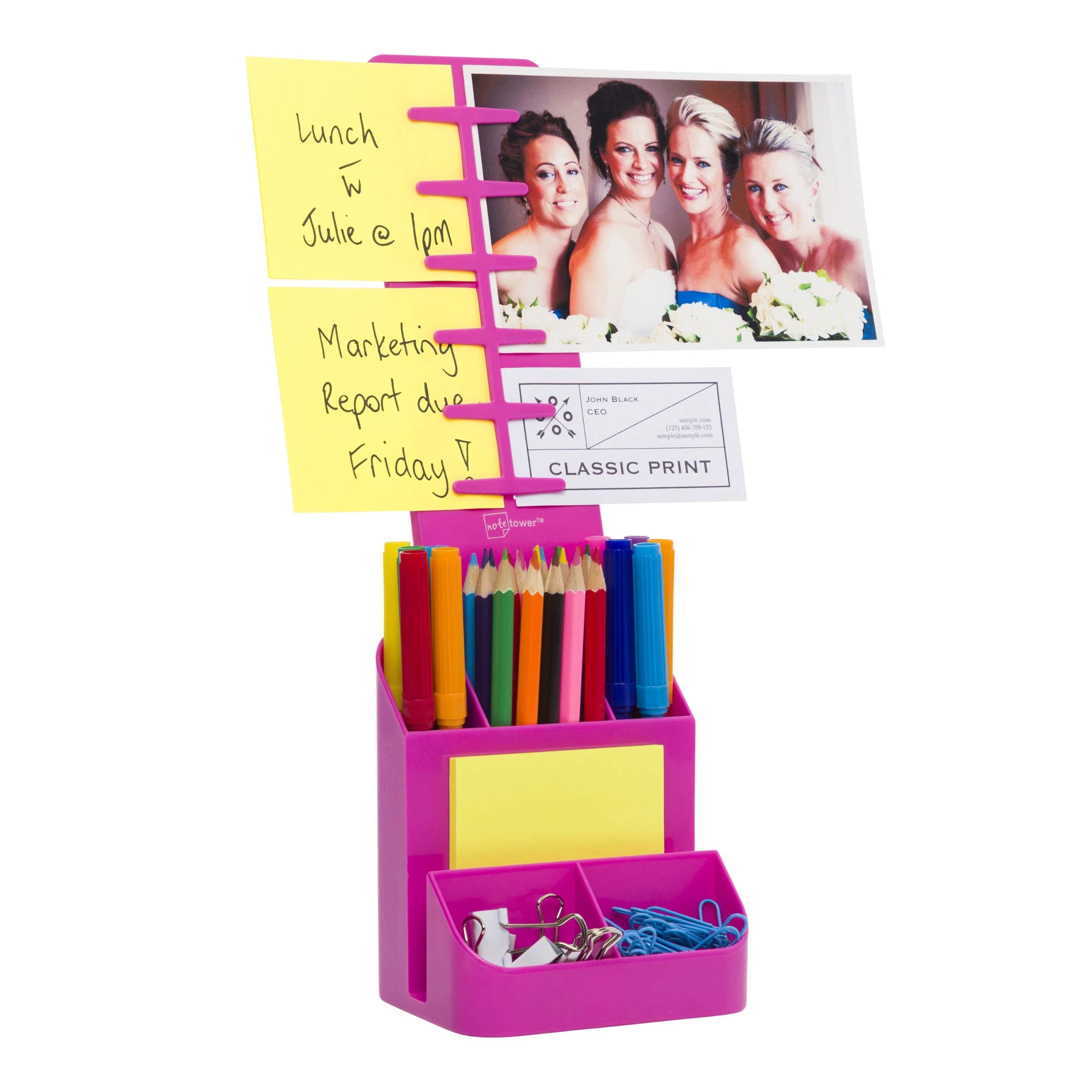 Note TowerDesktop Organizer Caddy - Displays Sticky Notes & Photos, Holds Office Supplies - Home / Office Desk Pen & Pencil Holder, 6 Compartments, Fast One-handed Paper Insertion - Pink