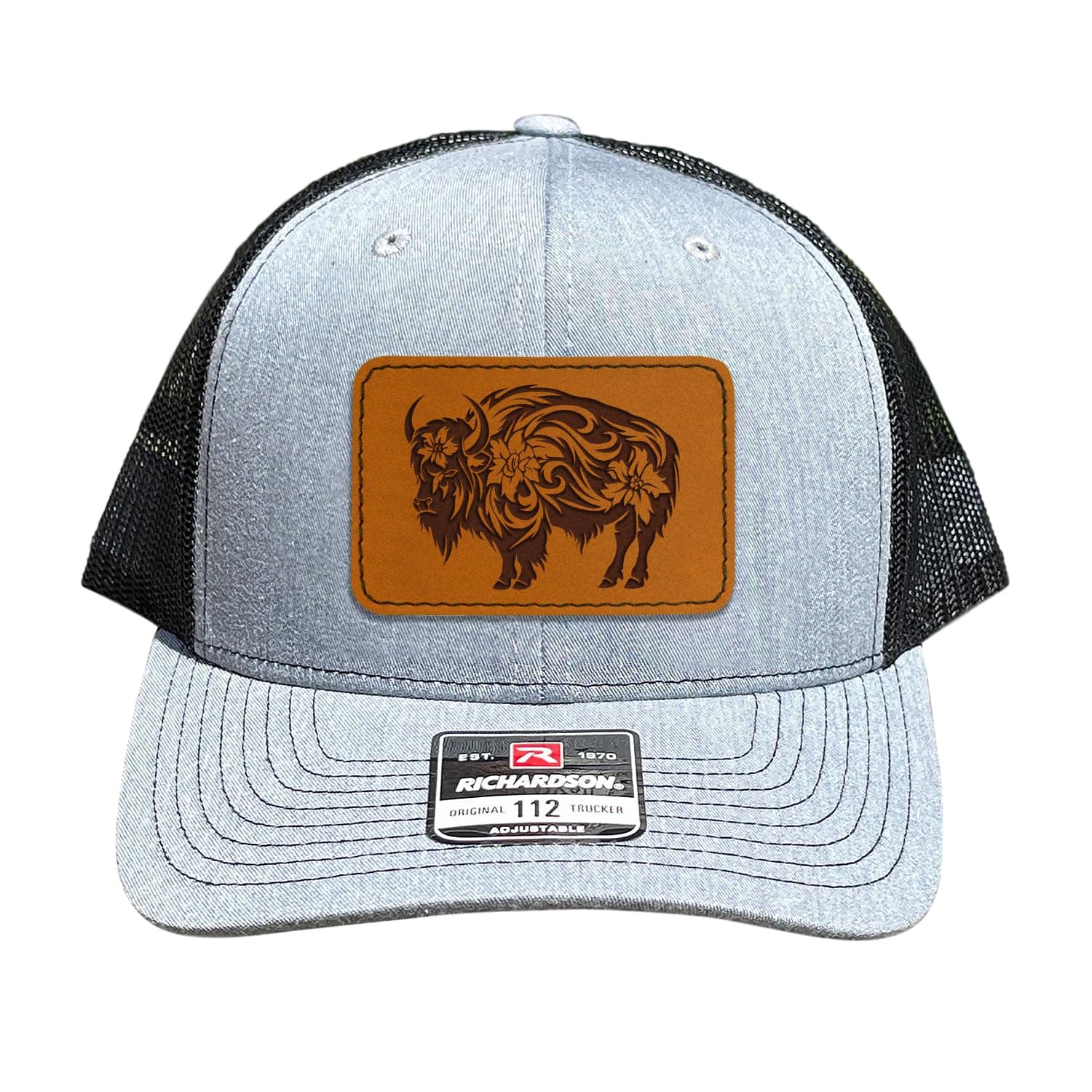 Bison Blooming Grace Leather Patch Hat Engraved Trucker Hat Gifts for Outdoor Lovers Adjustable Caps