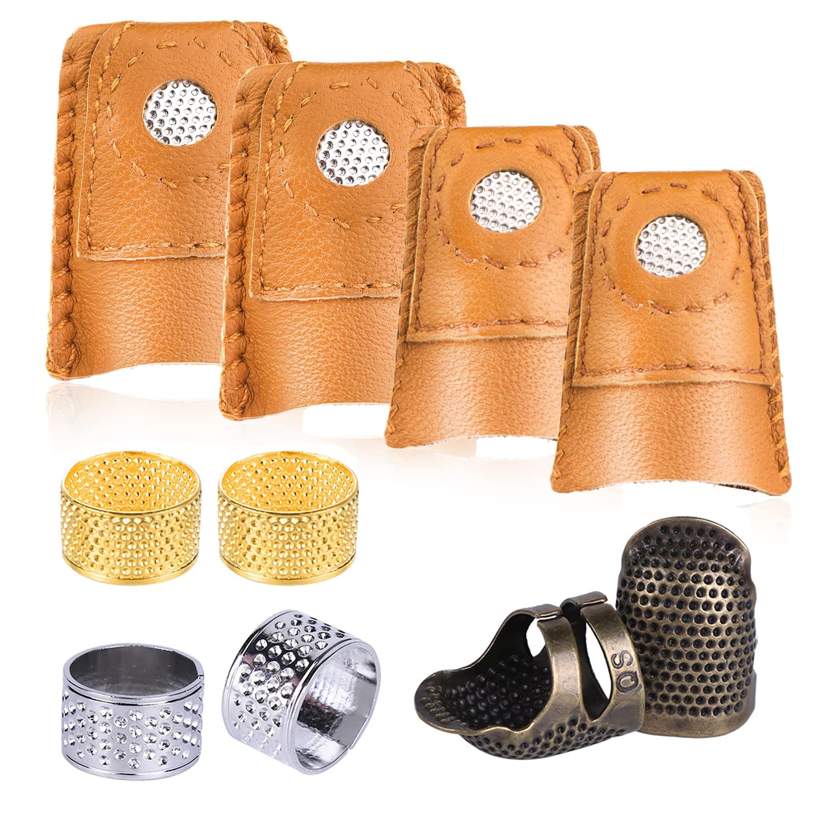 10 Pcs Thimble and Finger Protector, 3 Colors Metal Thimble, Copper Sewing Thimble with 4 Pcs Leather Finger Protector, Adjustable Finger Shield Ring for Sewing and Stitching Finger Protection