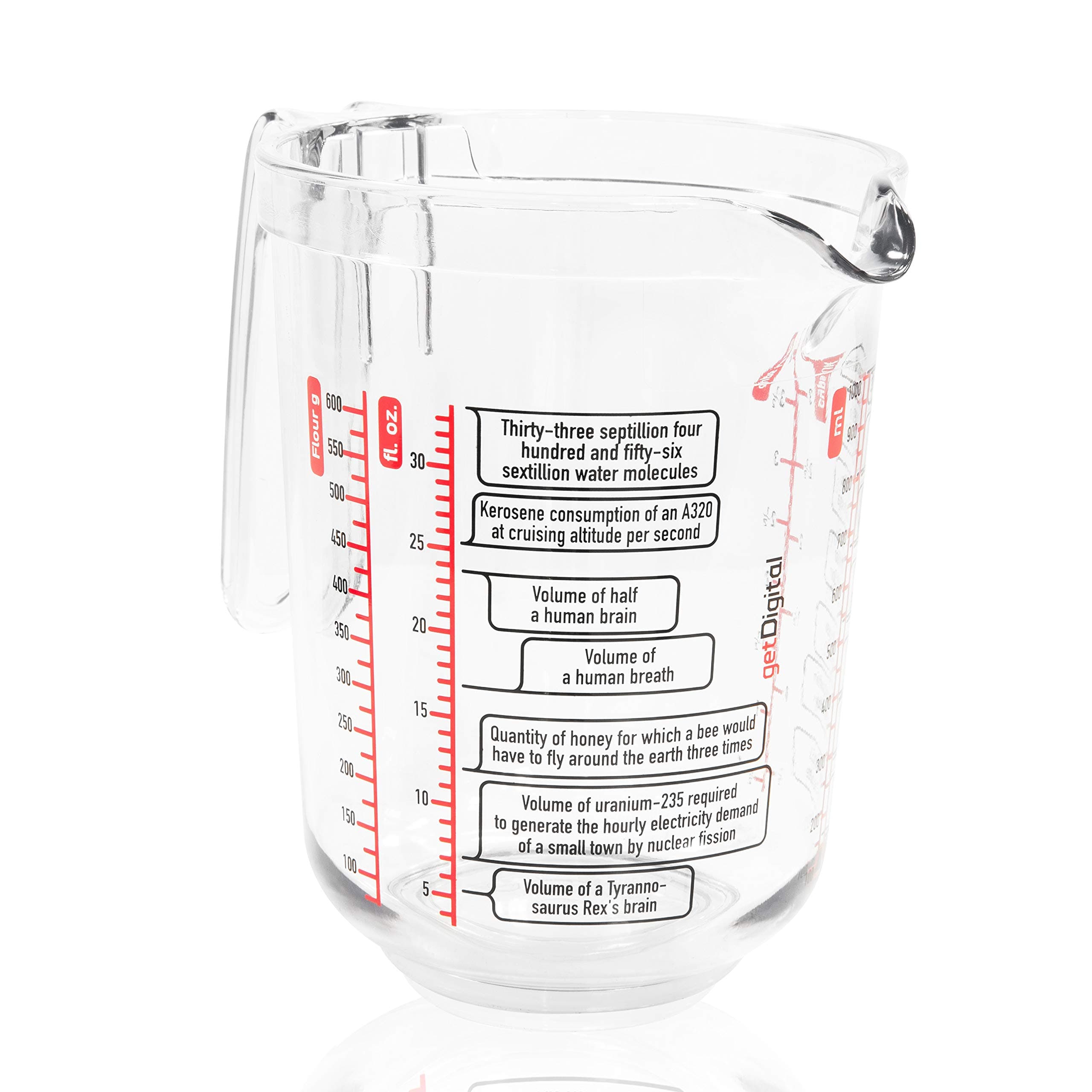 getDigital Science Measuring Jug with Spout - Clear Plastic Measuring Cup with 14 Nerdy Facts - 1 Liter, includes Scales for US & UK Cups, ML and Fluid Ounces