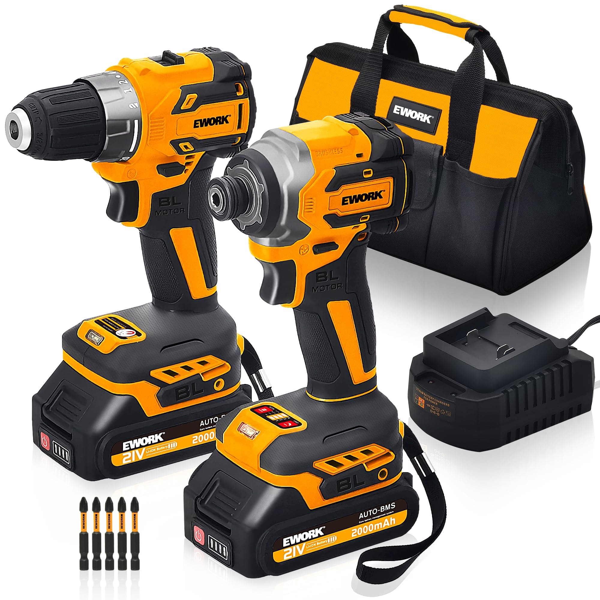 Cordless Drill and Impact Driver Combo 21V Compact Brushless Impact Driver 1/4 & Cordless Drill 3/8 with 2 x 2.0Ah Batteries and Fast Charger & Tool Bag, Power Tool Kit for Professional User or DIY
