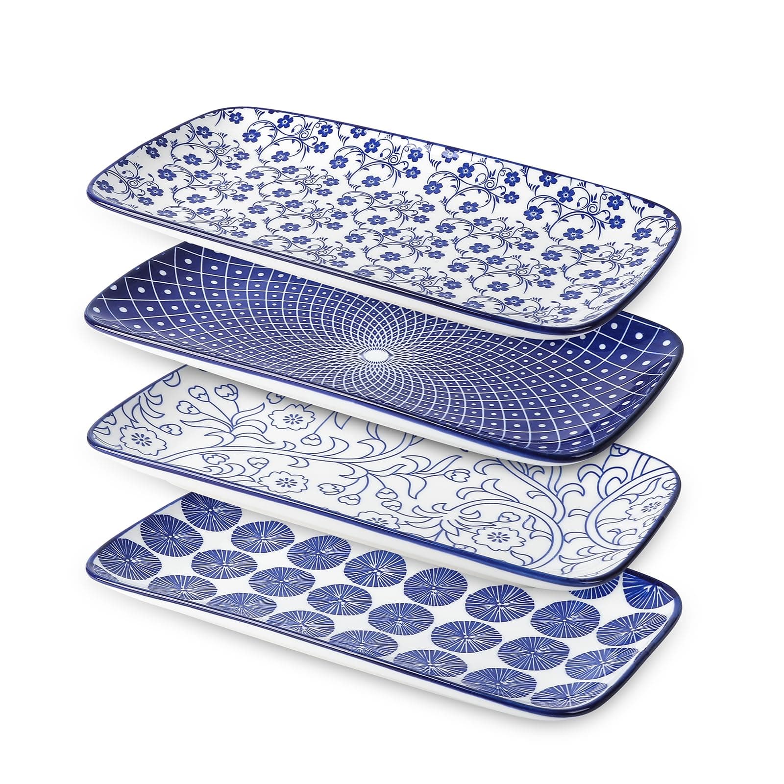 Ceramic Rectangular Serving Platters Set of 4, 12 Inch Serving Trays/Dishes for Party Entertaining, Rectangular Dinner Plates for Appetizer Salad Dessert Sushi, Vintage Blue