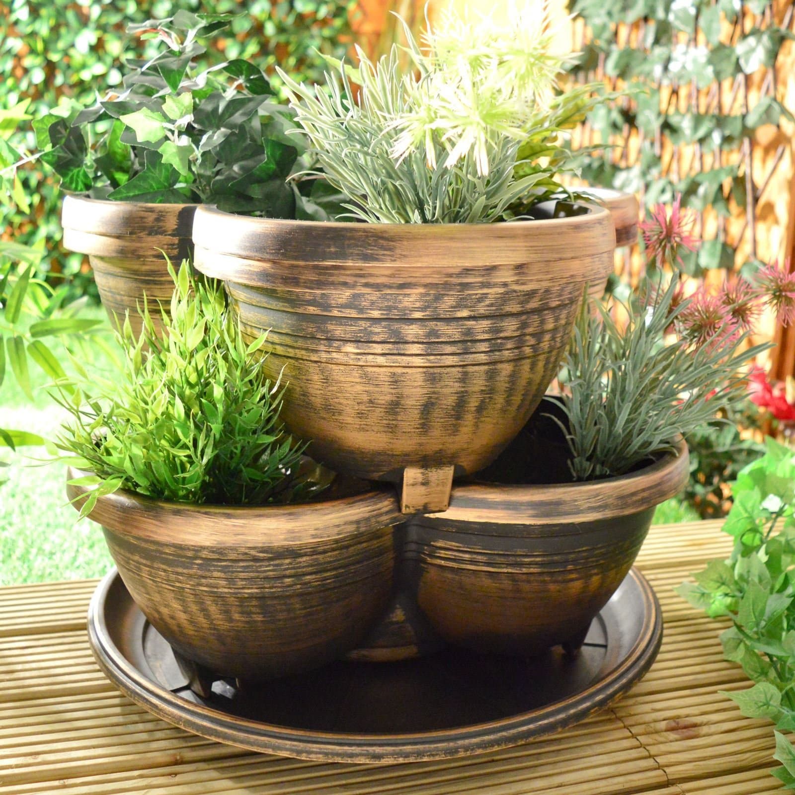 Stacking Planters Stackable Garden Outdoor Plant Pots Round Brushed Bronze Style