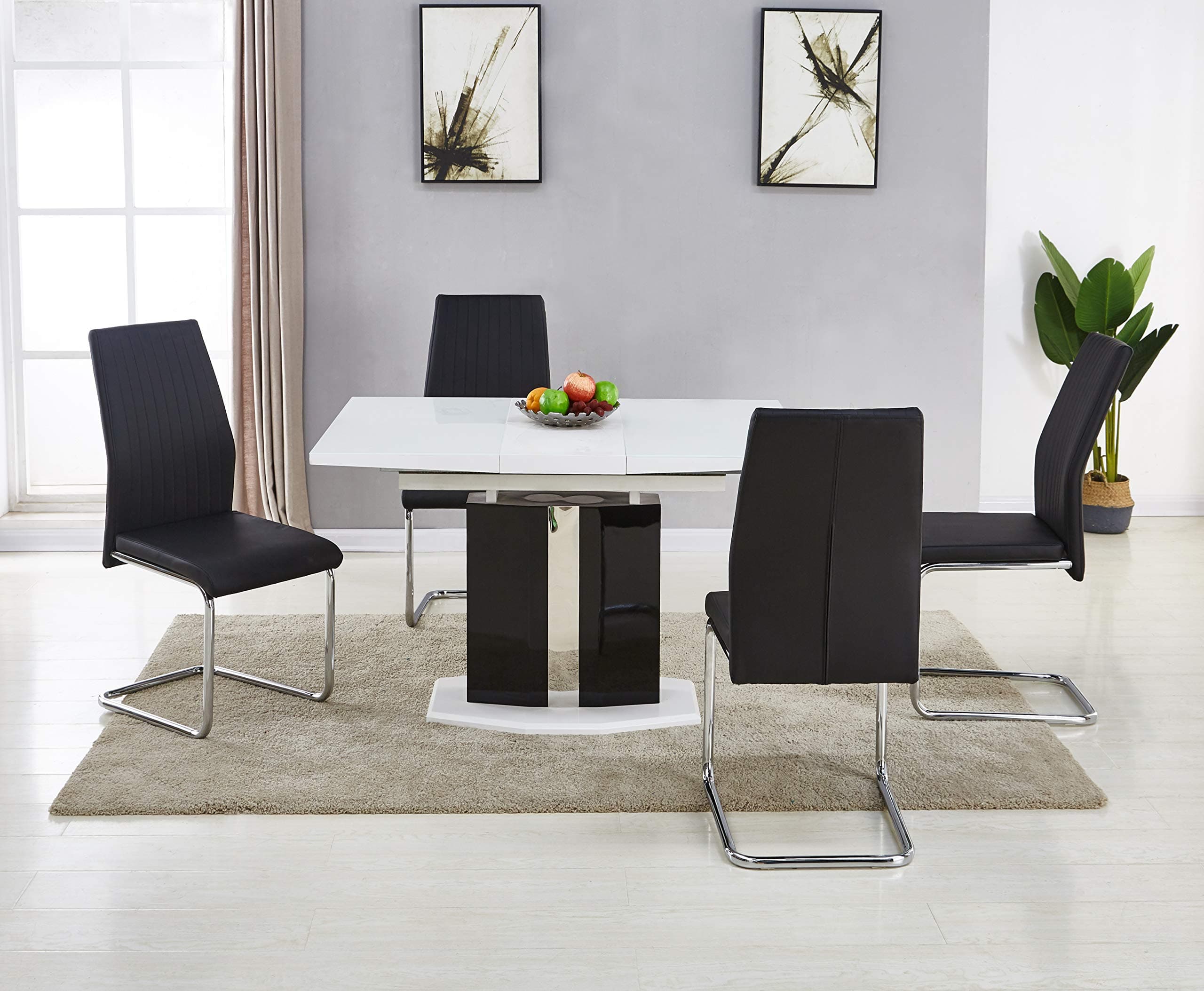MODERNIQUE® Lucido Extending (Central Part) White Dining Table and 4 Chairs, Pedestal Black High Gloss Modern Look Quality Dining Sets