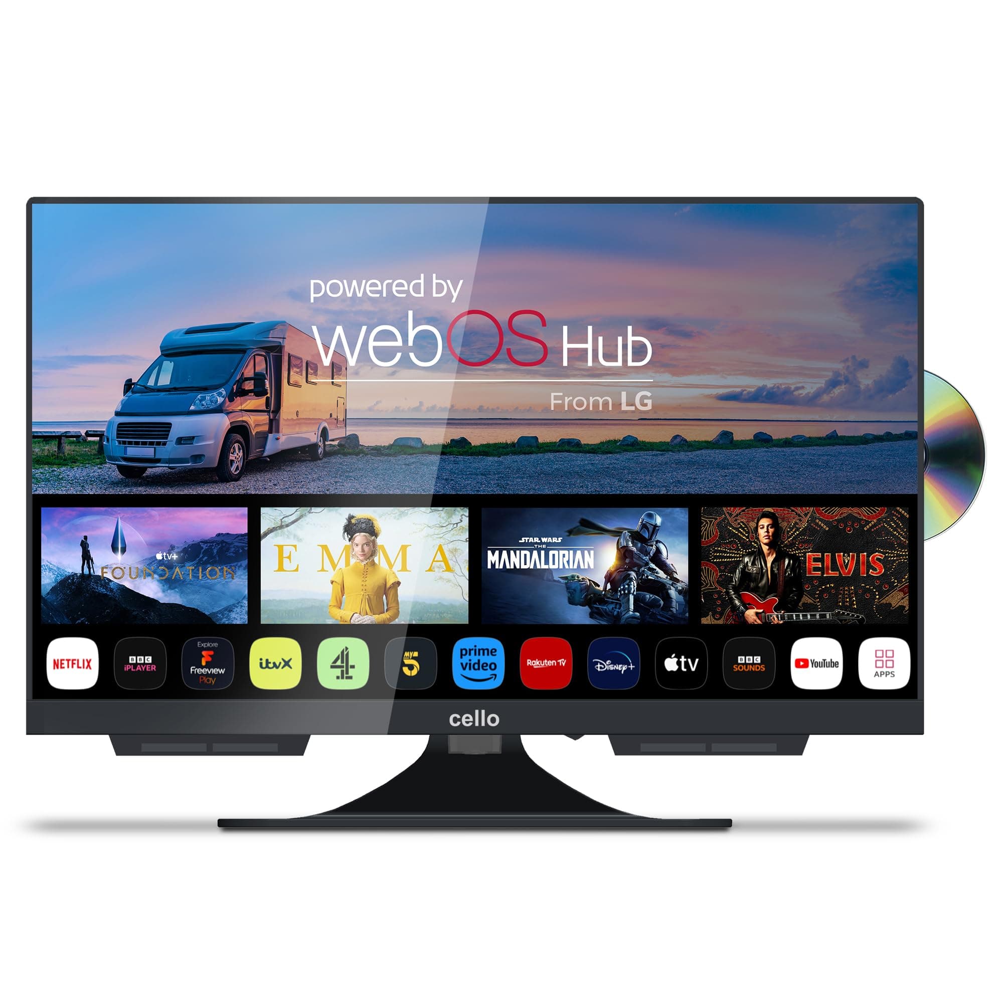 Cello C1924WSF 12 Volt 19 inch Smart Frameless TV With Built-in DVD | Ultrafast WebOS | Freeview Play | Pitch Perfect Speakers | Bluetooth | Netflix | Small TV for Motorhomes | Made in the UK