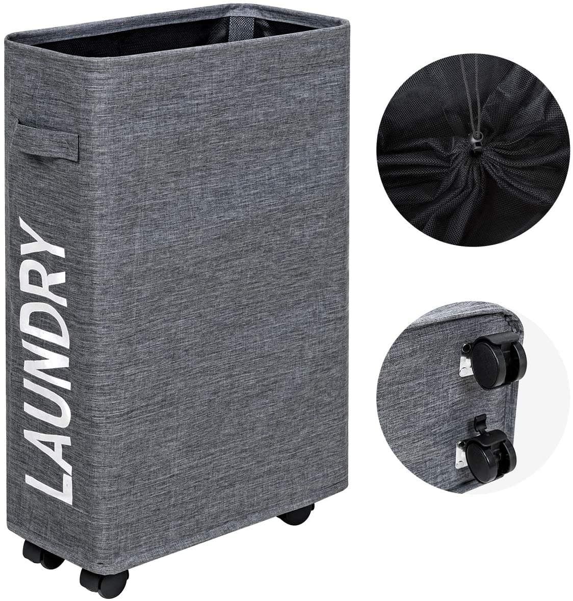 WISHPOOL Slim Laundry Basket Small Washing Basket Foldable Laundry Hamper Collapsible Laundry Bag Narrow Laundry Bin with Wheels - 44L,Grey