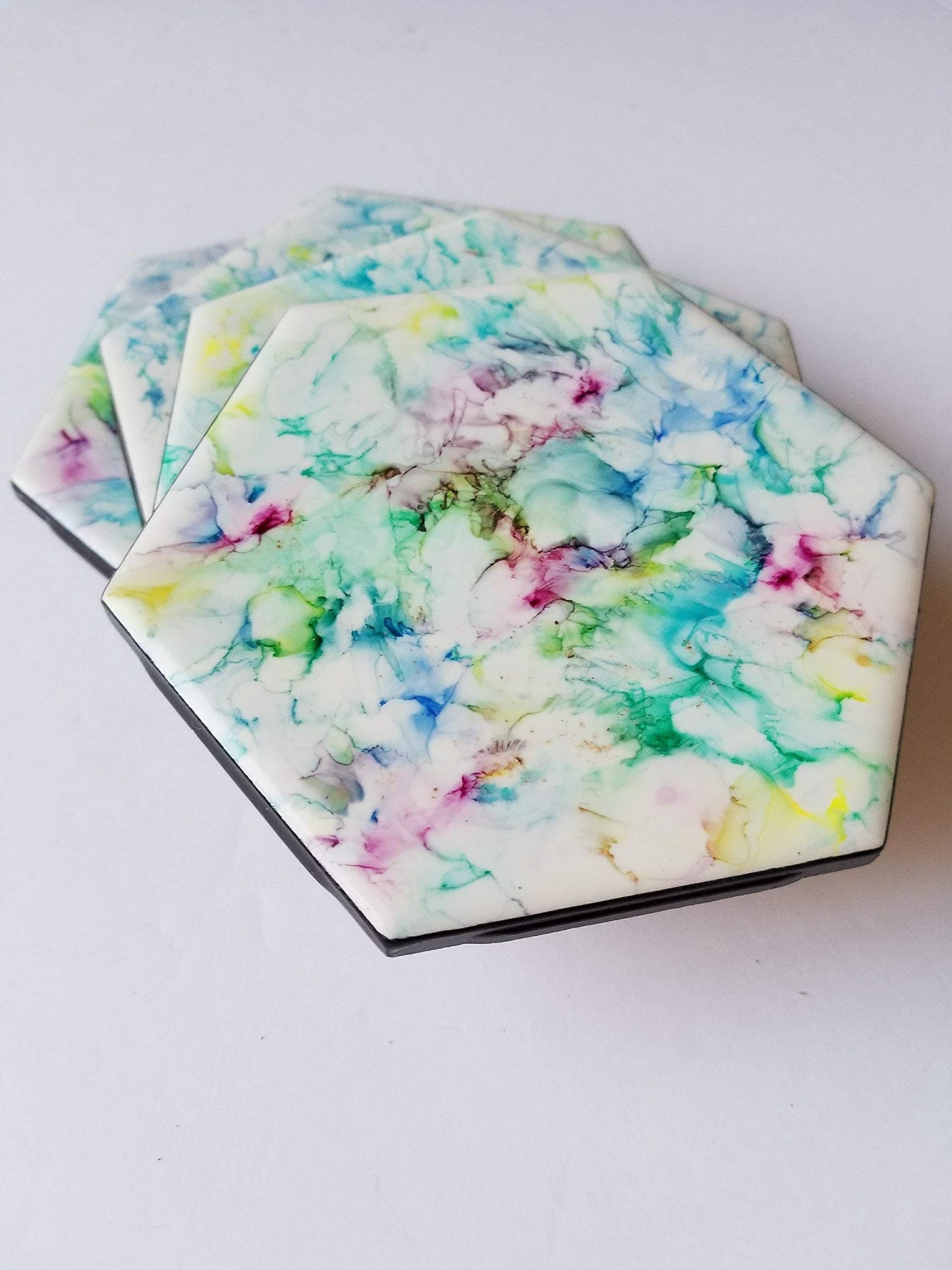 Unique modern abstract hand painted with alcohol ink decorative hexagon ceramic tile coaster set of 4.