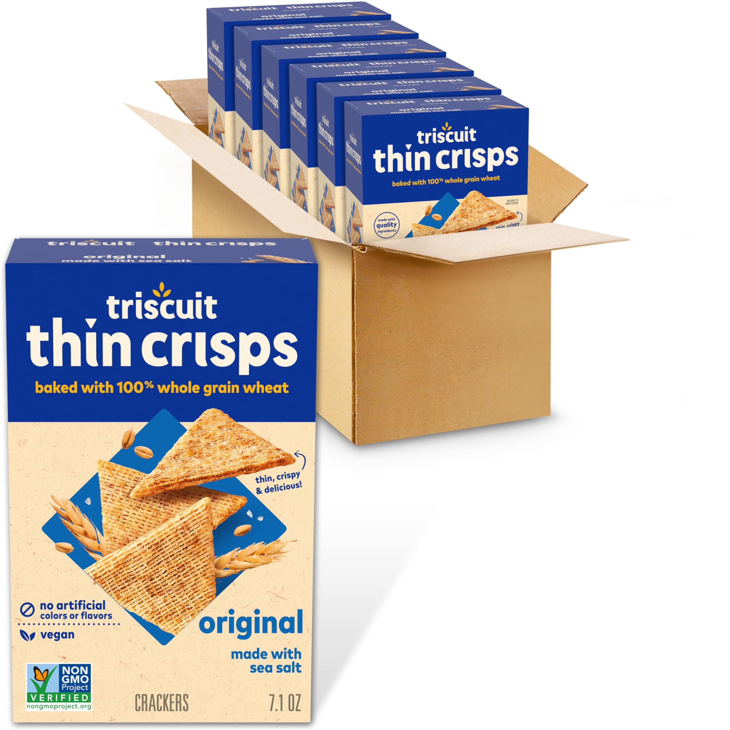 Thin Crisps Original Whole Grain Wheat Crackers, Vegan Crackers, 6-7.1 oz Boxes