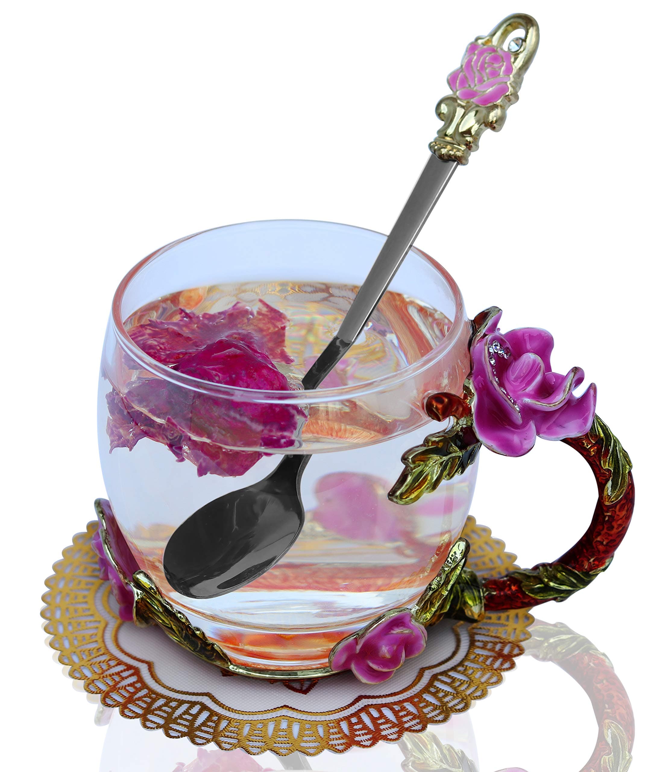 BothEarn Clear Pink Rose Tea Cup with Handle, Handmade 3D Enamel Coffee Mug Set with Spoon for Anniversary Party Wedding