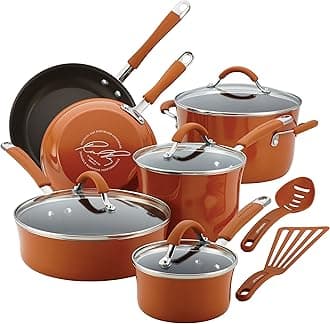 Rachael Ray Cucina Nonstick Cookware Pots and Pans Set, 12 Piece, Pumpkin Orange
