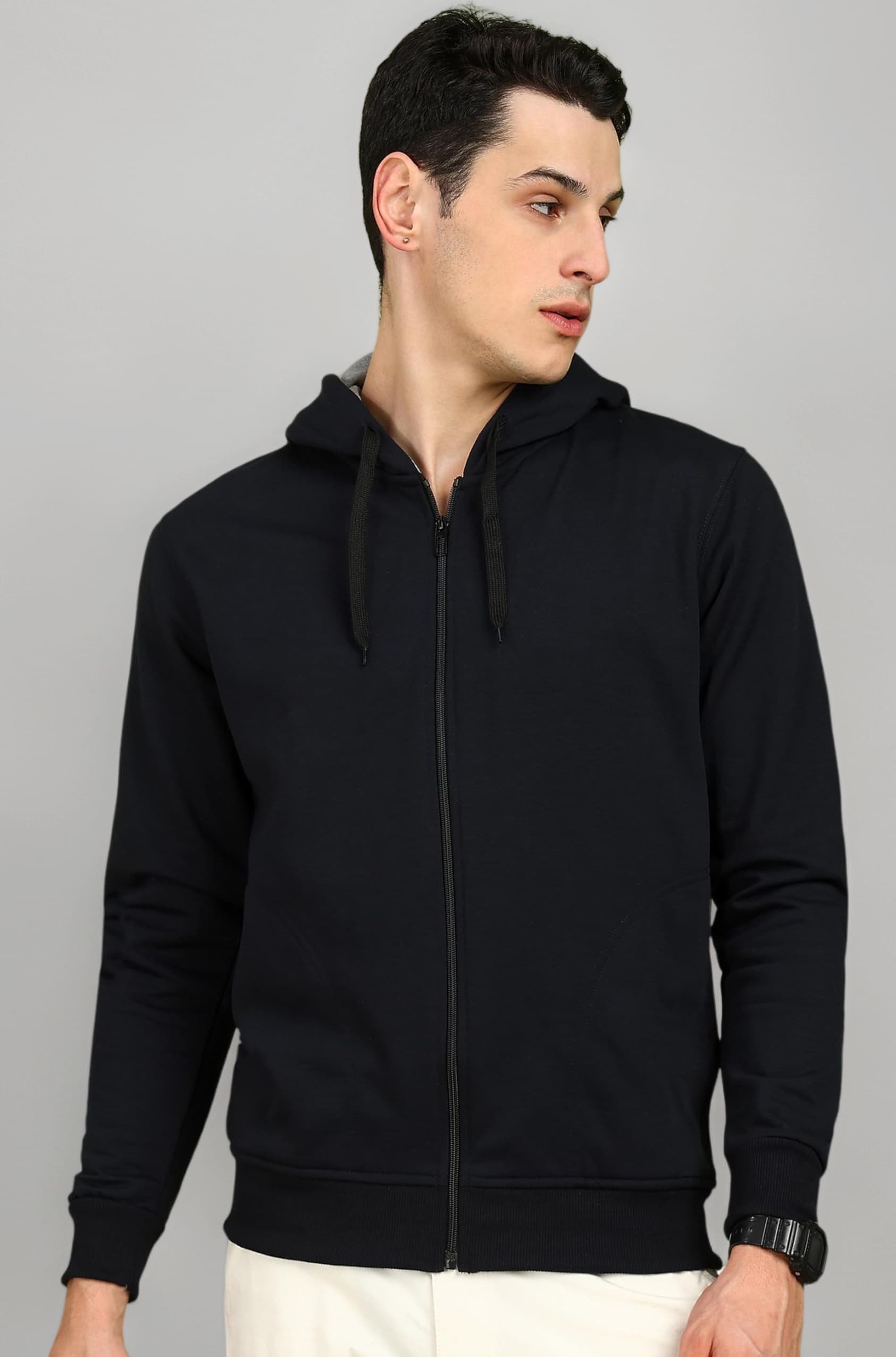 Men’s Solid Zipper Hooded Sweatshirt | Ribbed Hem, Lined Hood, Side Pockets, Durable Zip | Multiple Colors