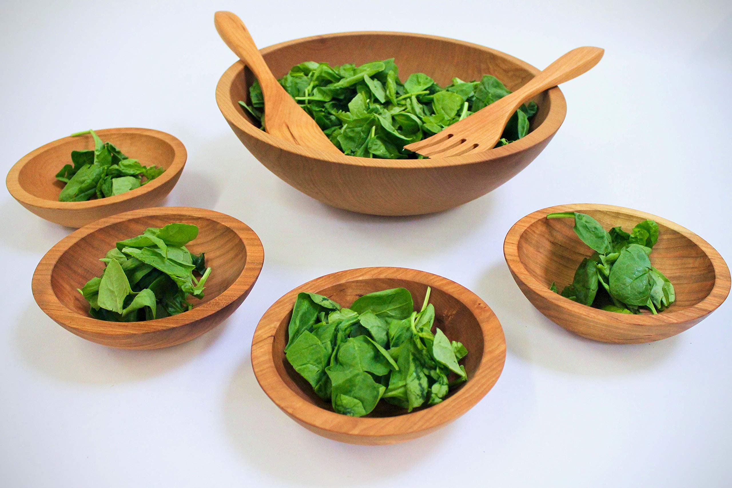 Solid Cherry Wood Five Bowl Salad Set with 15 inch bowl, 4 side bowls, 12 Inch Servers and 8 0z Tub of Bee's Oil Salad Bowl & Wood Conditioner - Holland Bowl Mill