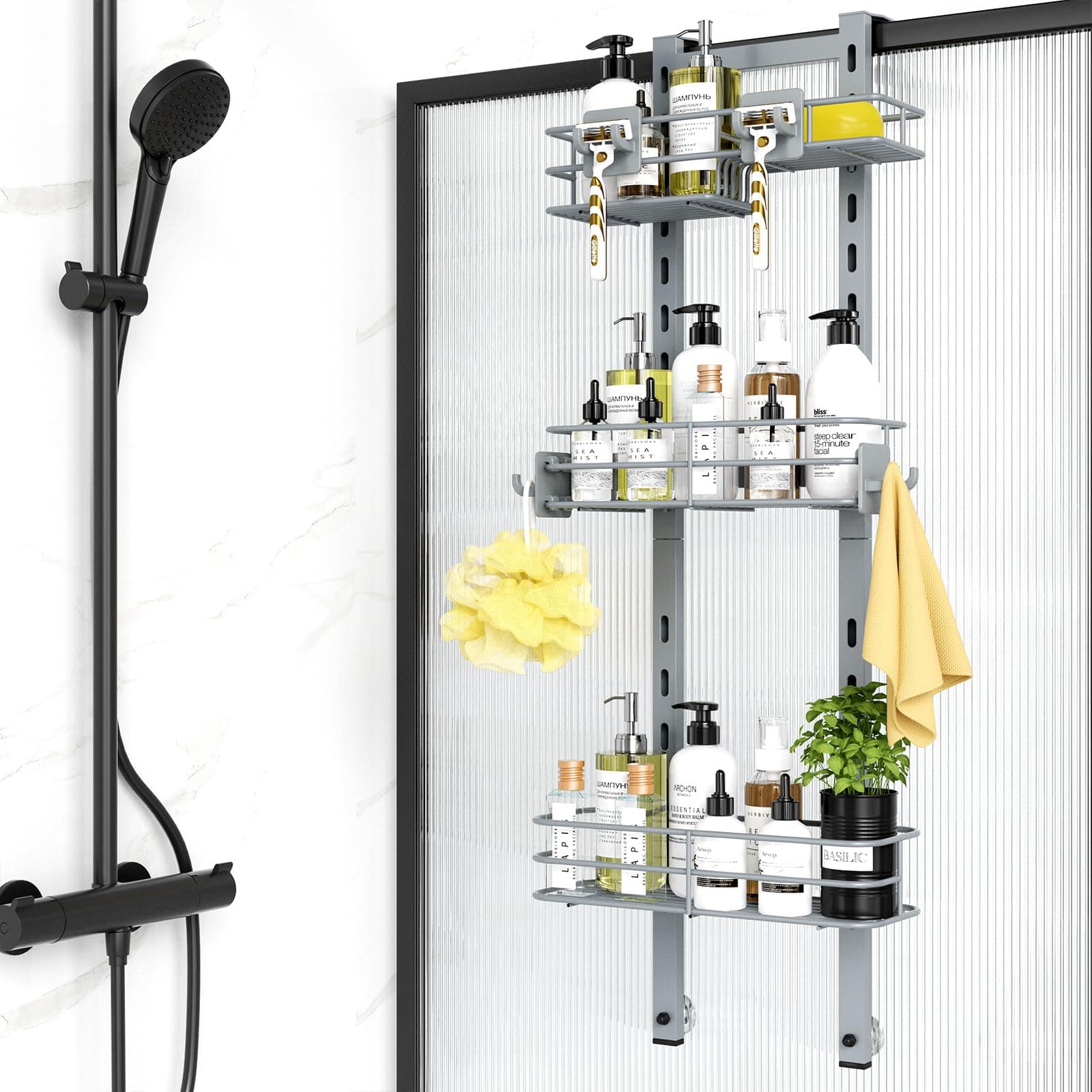 ODesign Over The Door Shower Caddy, 3-Tier Adjustable Hanging Shower Caddy with Soap Holder & 4 Hooks, Rustproof Bathroom Shower Organizer with Suction Cup,Shower Rack for Shampoo Razor, Slate-Grey