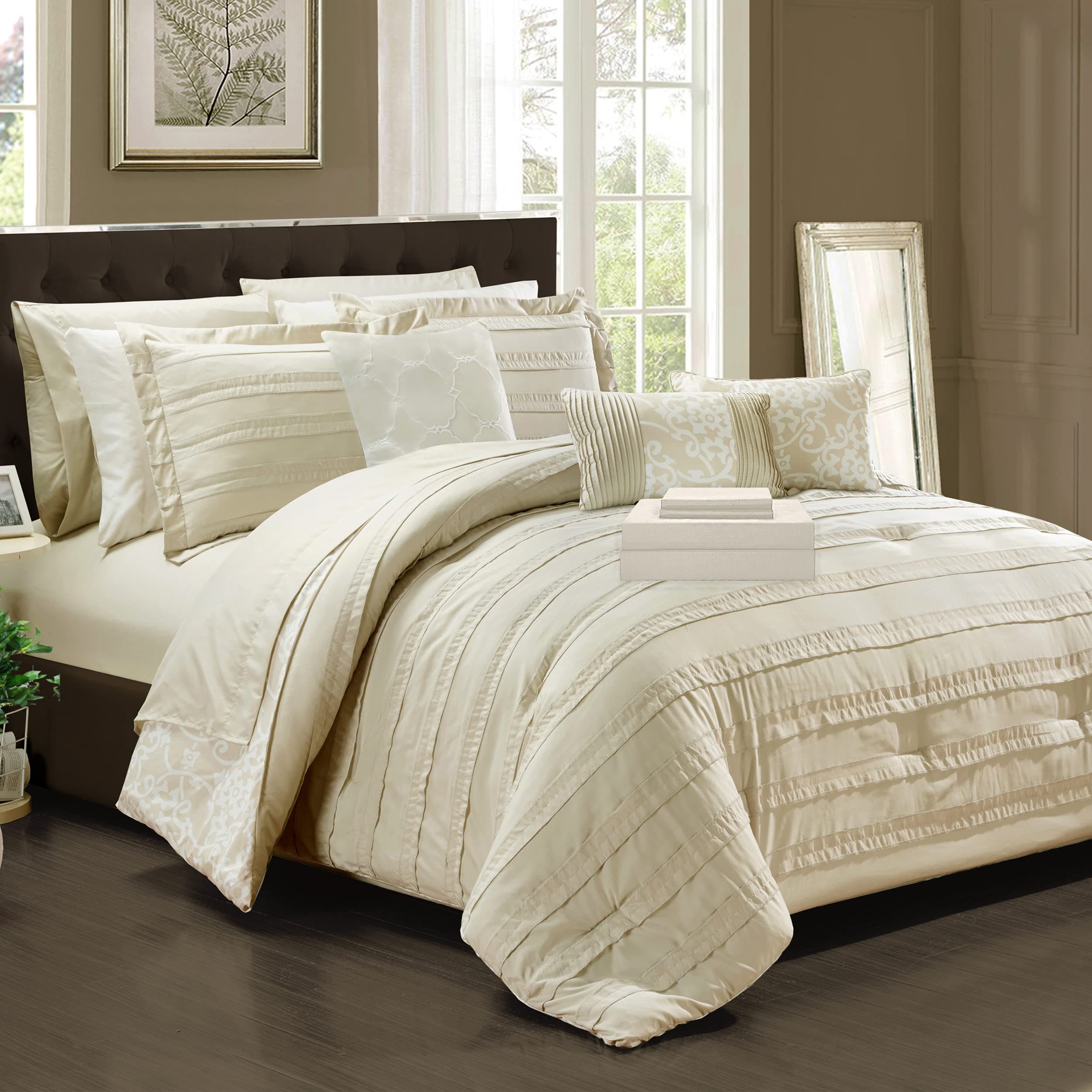 Chic Home CS2429-AN Lea 10 Piece Reversible Comforter Bed in A Bag Ruffled Pinch Pleat Motif Pattern Print Complete Bedding Set - Sheets Decorative Pillows Shams Included, Queen, Beige