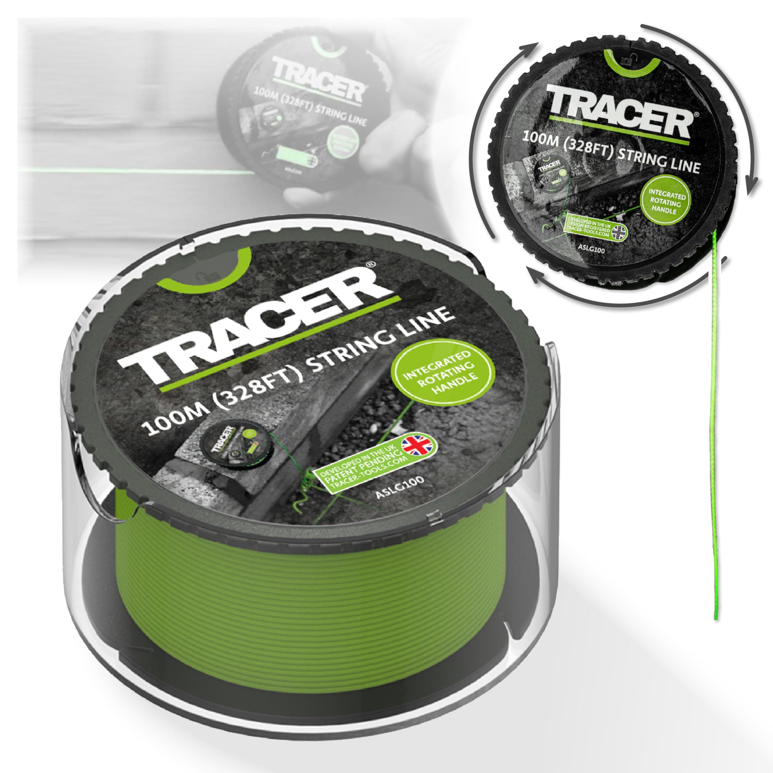 Tracer 100m String Line - Anti-Tangle, High Visibility Builders Line on Rotating Spool with Integrated Handle. Green Builders String Line