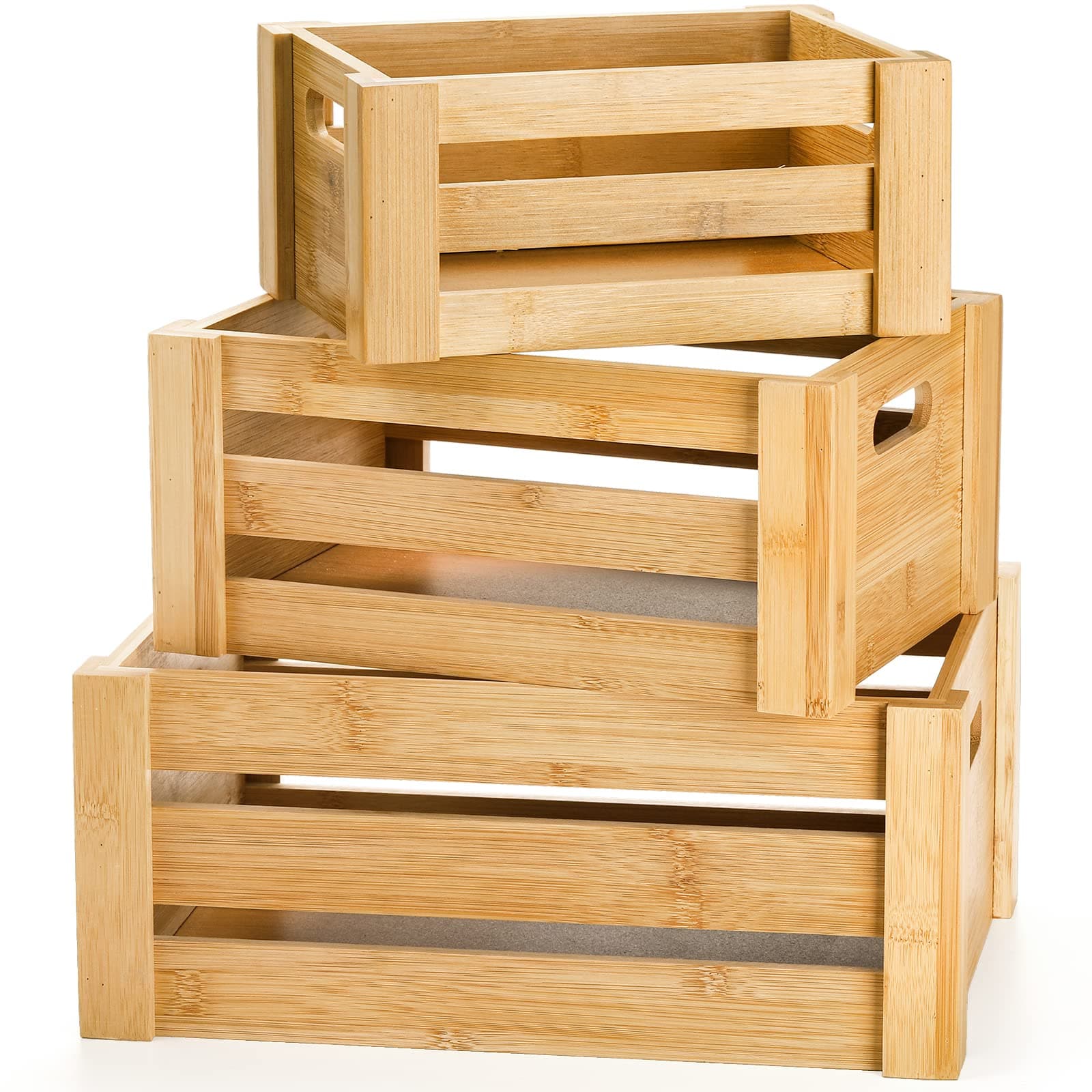 Lawei Set of 3 Bamboo Nesting Crates with Handles, Rustic Decorative Storage Container Box, Crate Box for Display, Farmhouse Bamboo Basket Bins for Fruit, Vegetable, Kitchen, Office, Bedroom, Closet