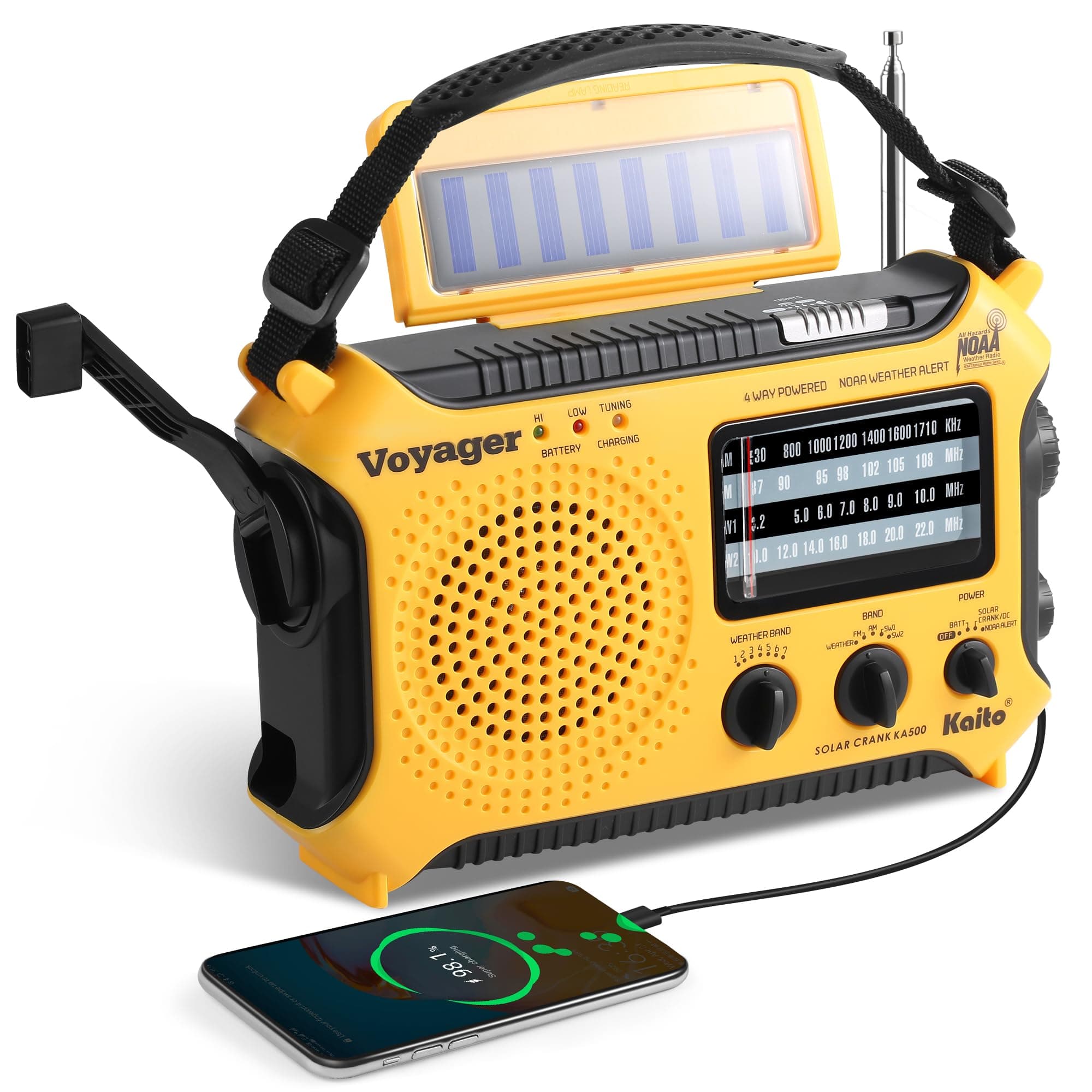 KA500 5-way Powered Solar Power,Dynamo Crank, Wind Up Emergency AM/FM/SW/NOAA Weather Alert Radio with Flashlight,Reading Lamp and Cellphone Charger, Yellow
