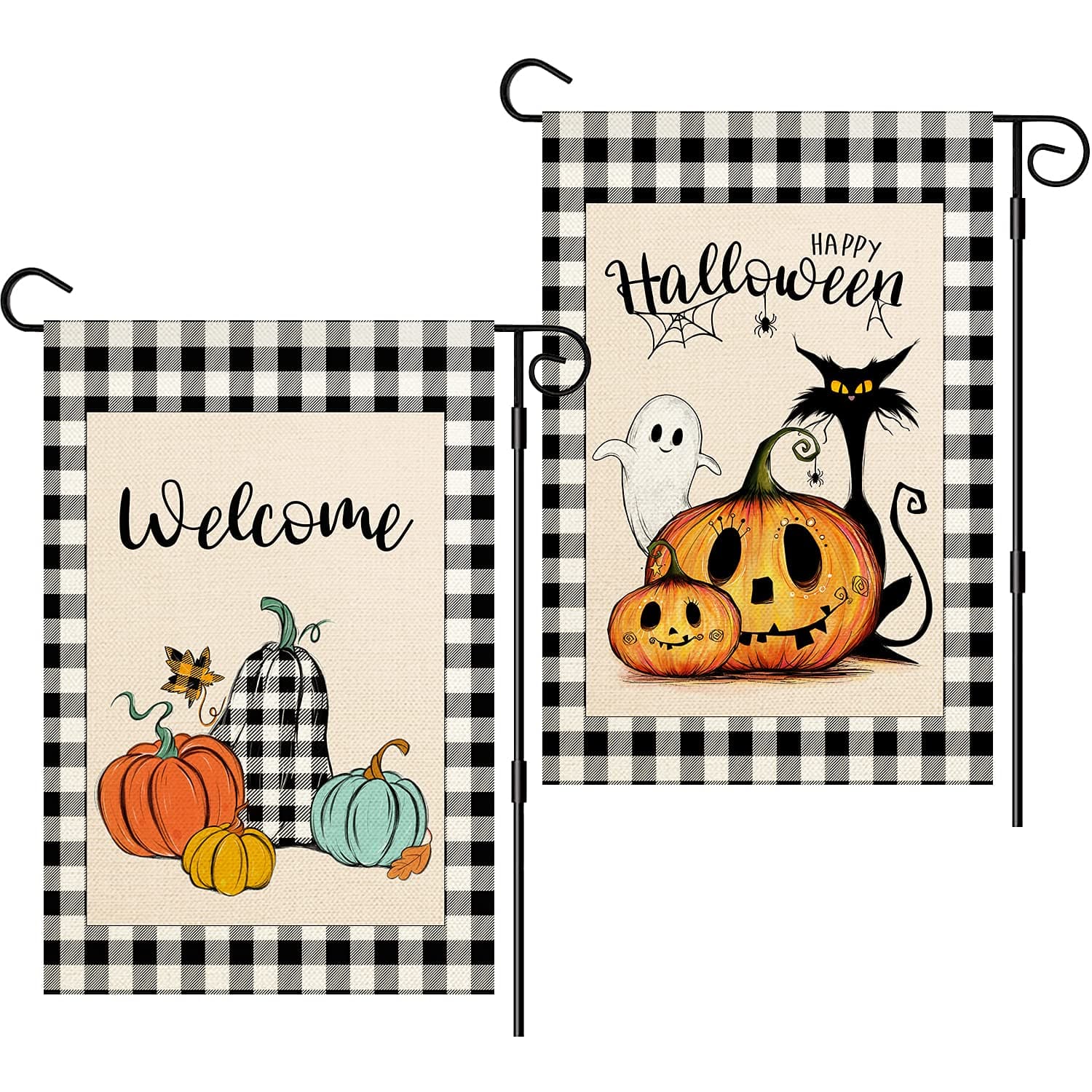 MingTa 2 Pack Halloween Fall Garden Flags 12x18 Double Sided, Vertical Burlap Buffalo Plaid Pumpkin Fall Garden Flag, Ghost Pumpkin Cat Happy Halloween Garden Flag for Home Garden Yard Outdoor Decor