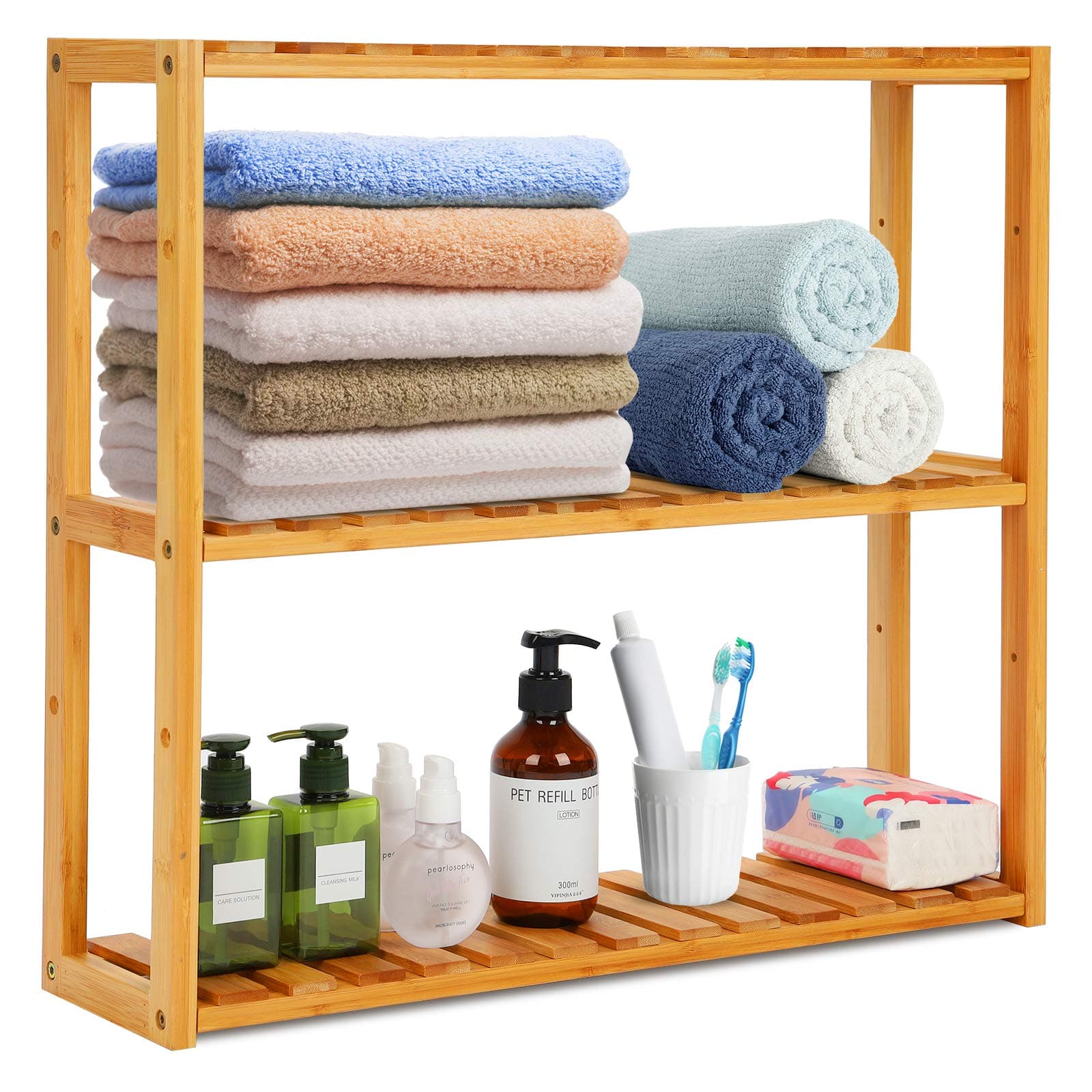 3-Tier Bamboo Bathroom Shelf, Multifunctional Wall Mount Storage Rack Unit, Adjustable Bookcase Layer Rack Free Standing Toilet Utility Shelves, Bathroom Kitchen Living Room Holder-Natural Bamboo