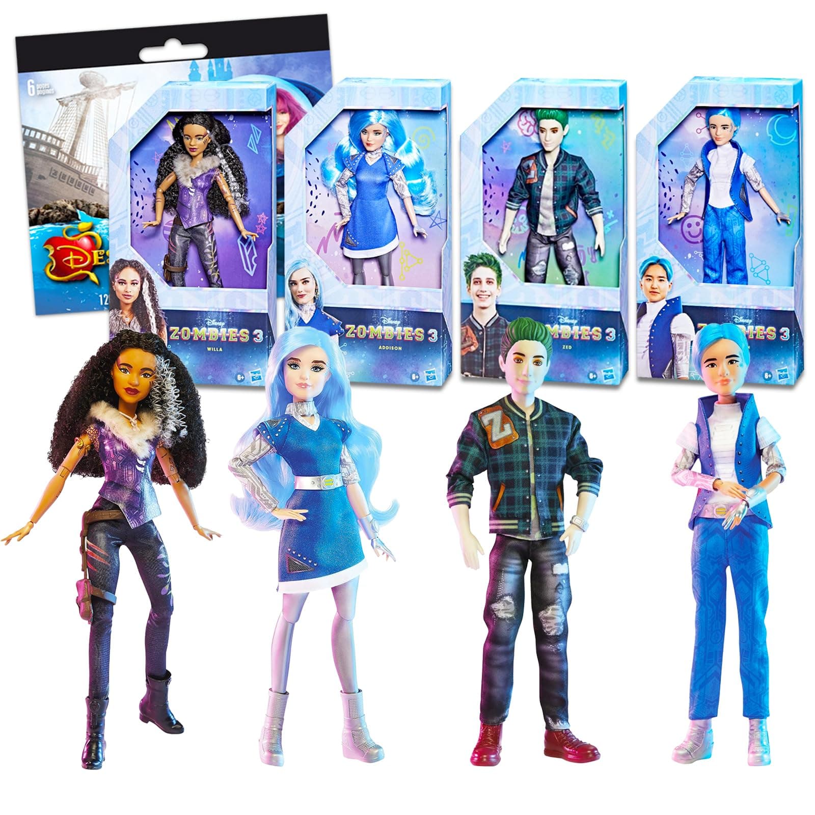 Disney Zombies Dolls Set - Bundle with 4 Disney Zombies 3 Dolls Featuring Zed, Addison, A-spen, and Willa Plus Stickers | Disney Zombies Toys