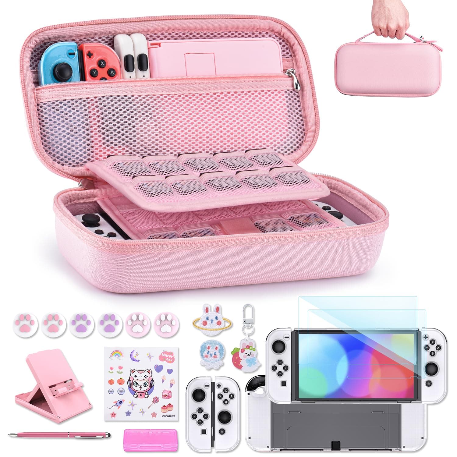 innoAura Switch OLED Case 19-in-1 Bundle for NS Switch OLED (2021), with Carrying Case, Screen Protector, Stand and Thumb Grips, Pink