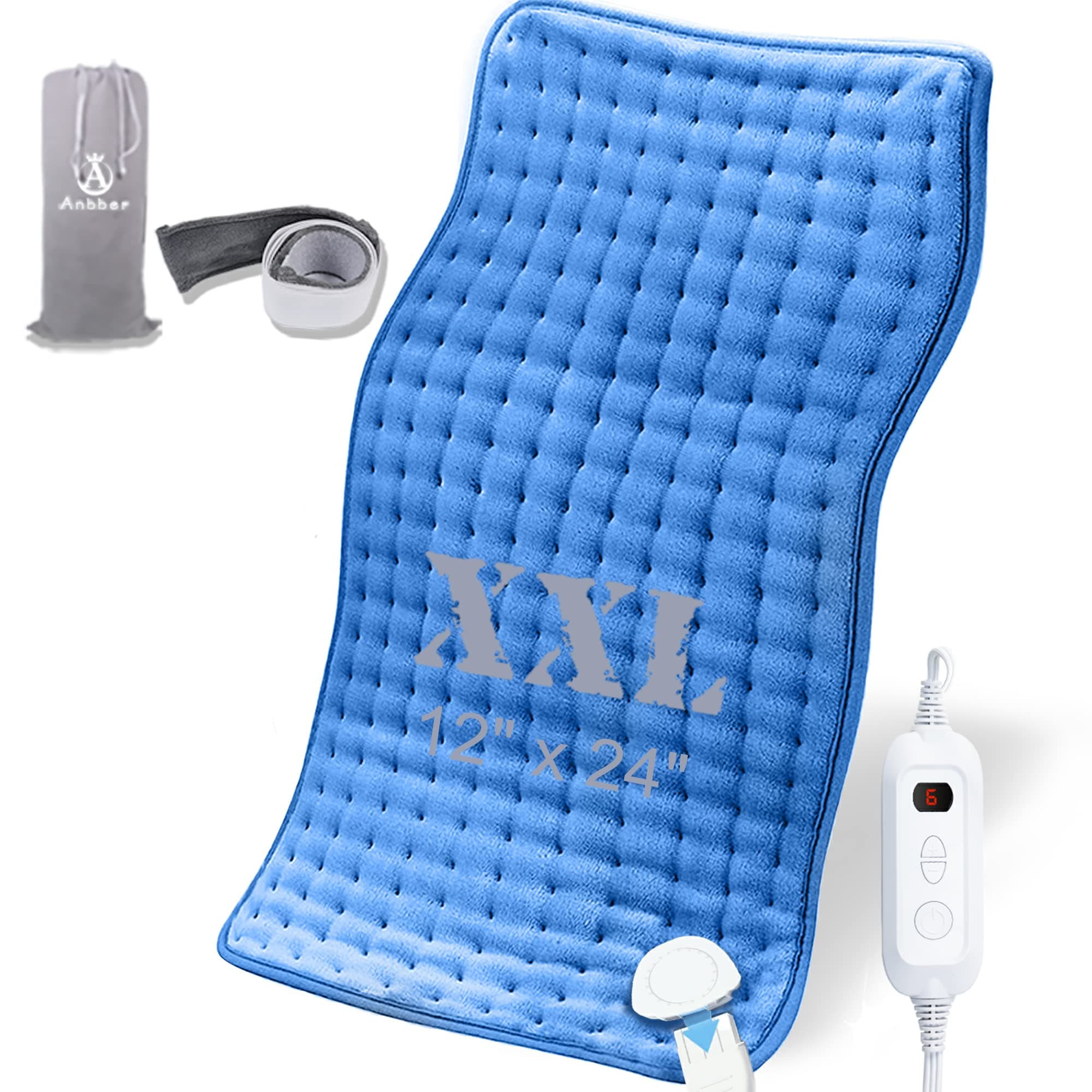 Heating Pad, Ultra-Large Heating Pads for Back Pain Auto Shut Off, Fast Heating Technology, Six Heat Settings, Machine-Washable, Micro Plush/Soft Touch, Elastic Band and Storage Bag Included(12"X24")