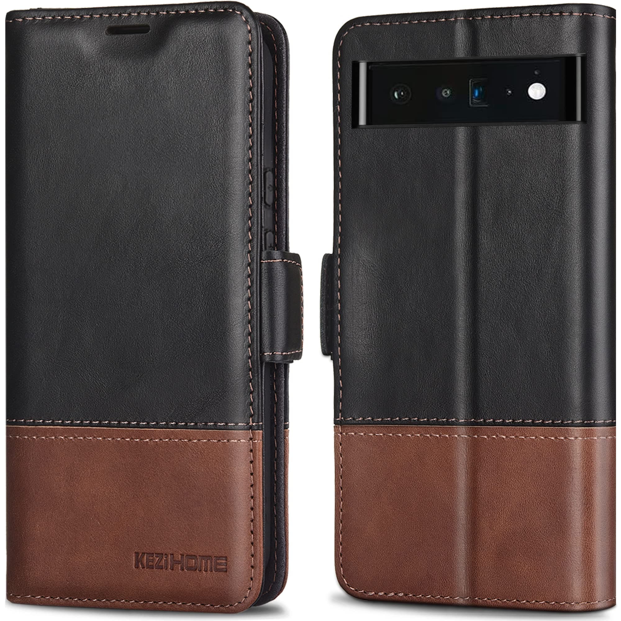 KEZiHOME Case for Google Pixel 6 Pro, [RFID Blocking] Genuine Leather Wallet Case with Card Slots Stand Flip Phone Cover for Google Pixel 6 Pro 5G (2021) (Black/Brown)