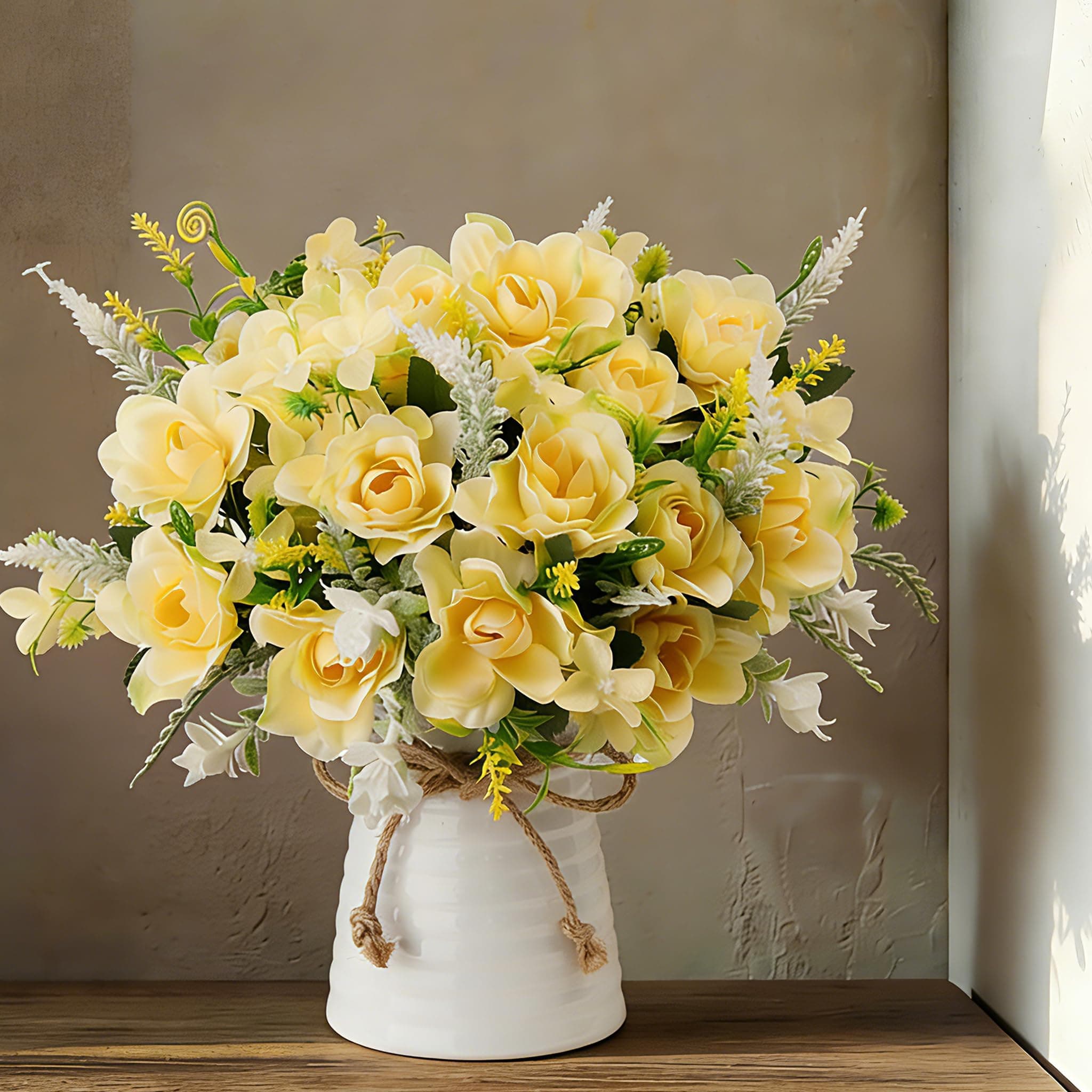 LESING Artificial Flowers with Vase for Table Centerpieces,Fake Silk Gardenia Flower in Vase Decoration for Home Office Party (Champagne)