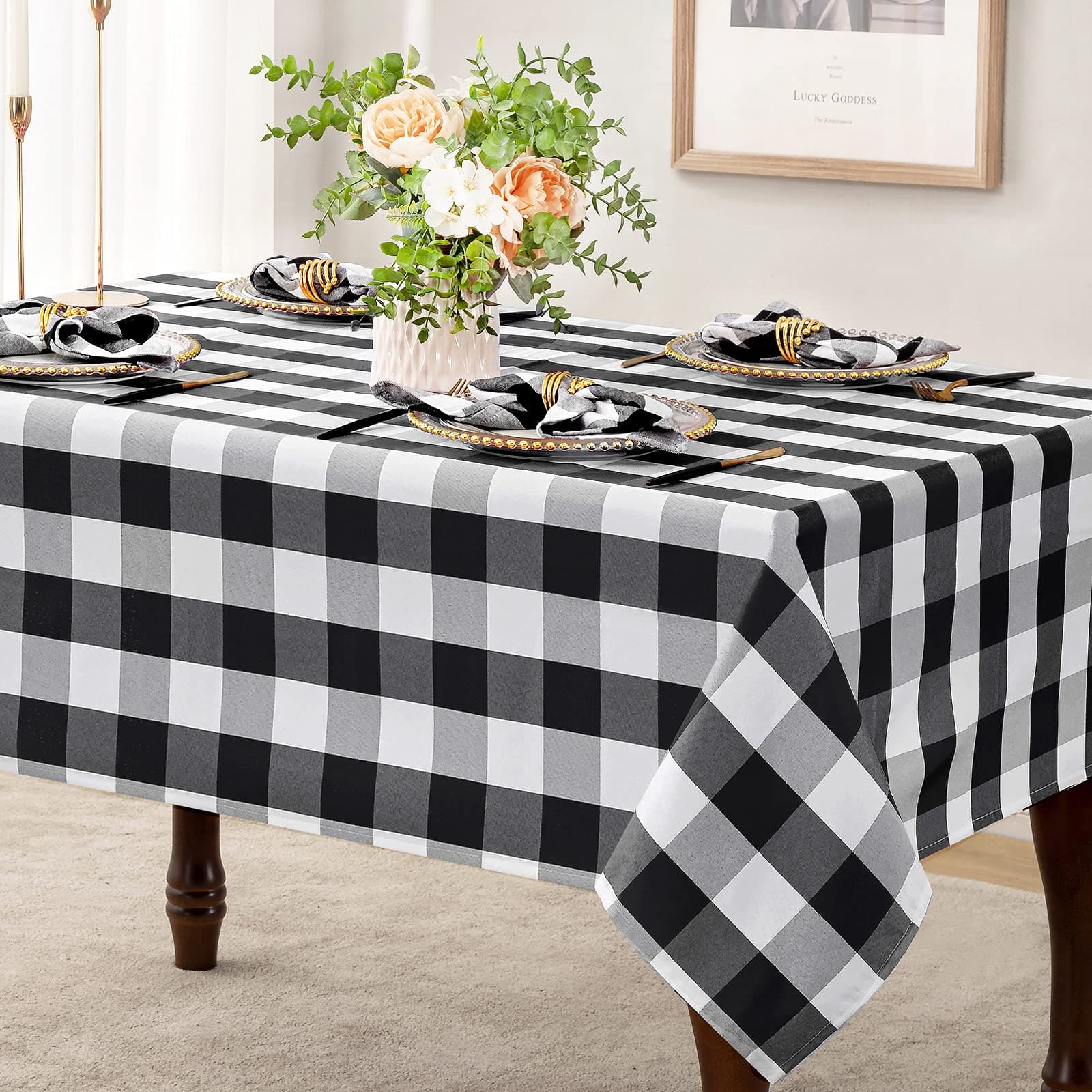 joybestBuffalo Check Tablecloth Rectangle 60 x 120 Inch Table Cloth, Heavy Weight Washable Polyester Fabric Table Cover for Outdoor Picnic, Dinner and Party, Black and White