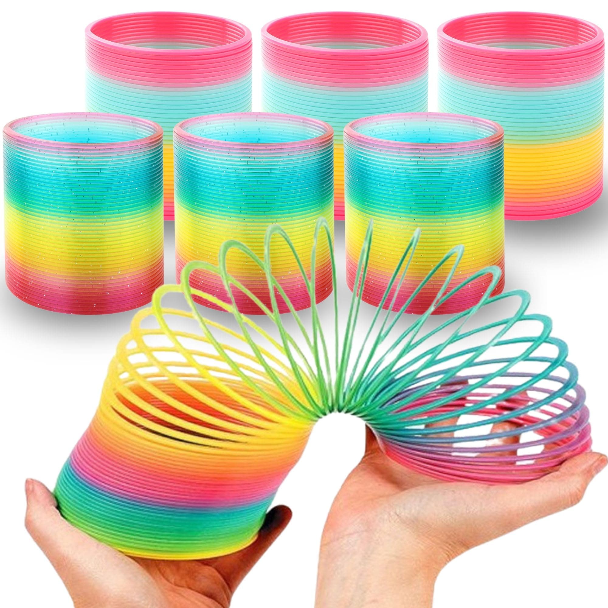 6 Pack: Large Magic Rainbow Coil Springs - 4" Classic Plastic Neon Plastic Walking Spring Toy, Bulk Kids Novelty Party Favor Supplies