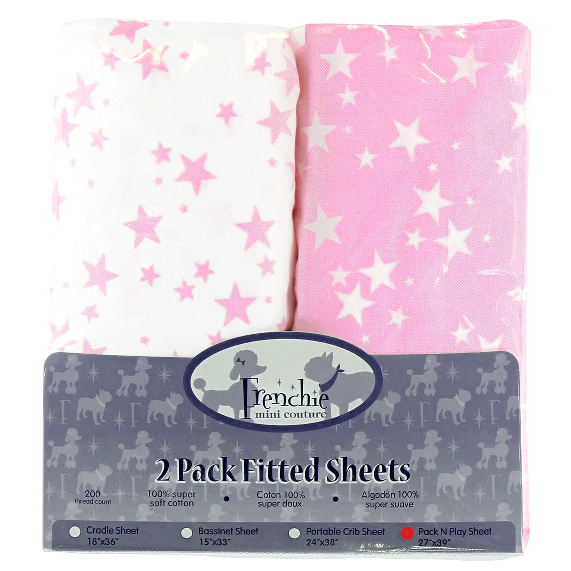 Frenchie Mini Couture2 Pack Fitted Pack N Play Crib Sheets, Pink Stars, Frenchie Mini Couture