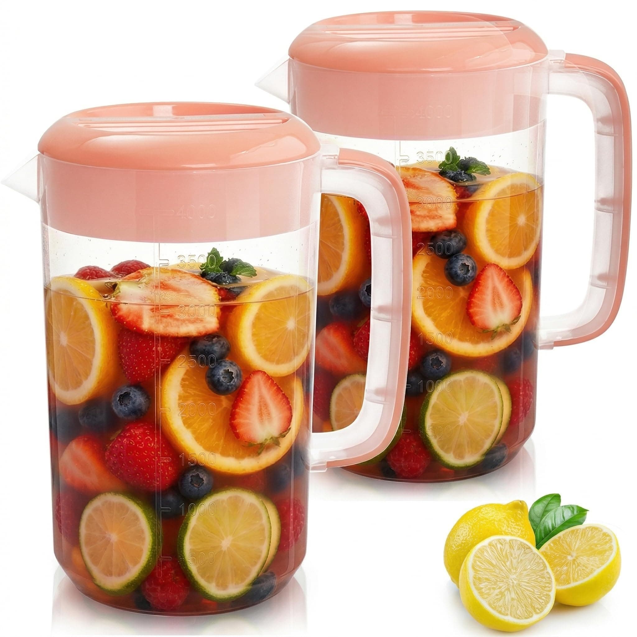 Jucoan 2 Pack 1 Gallon Plastic Pitcher with 3 Ways Lid, Large Gallon Water Ice Tea Pitcher with Handle Measurement for Party Outdoor, Freezer/Dishwasher Safe, BPA Free