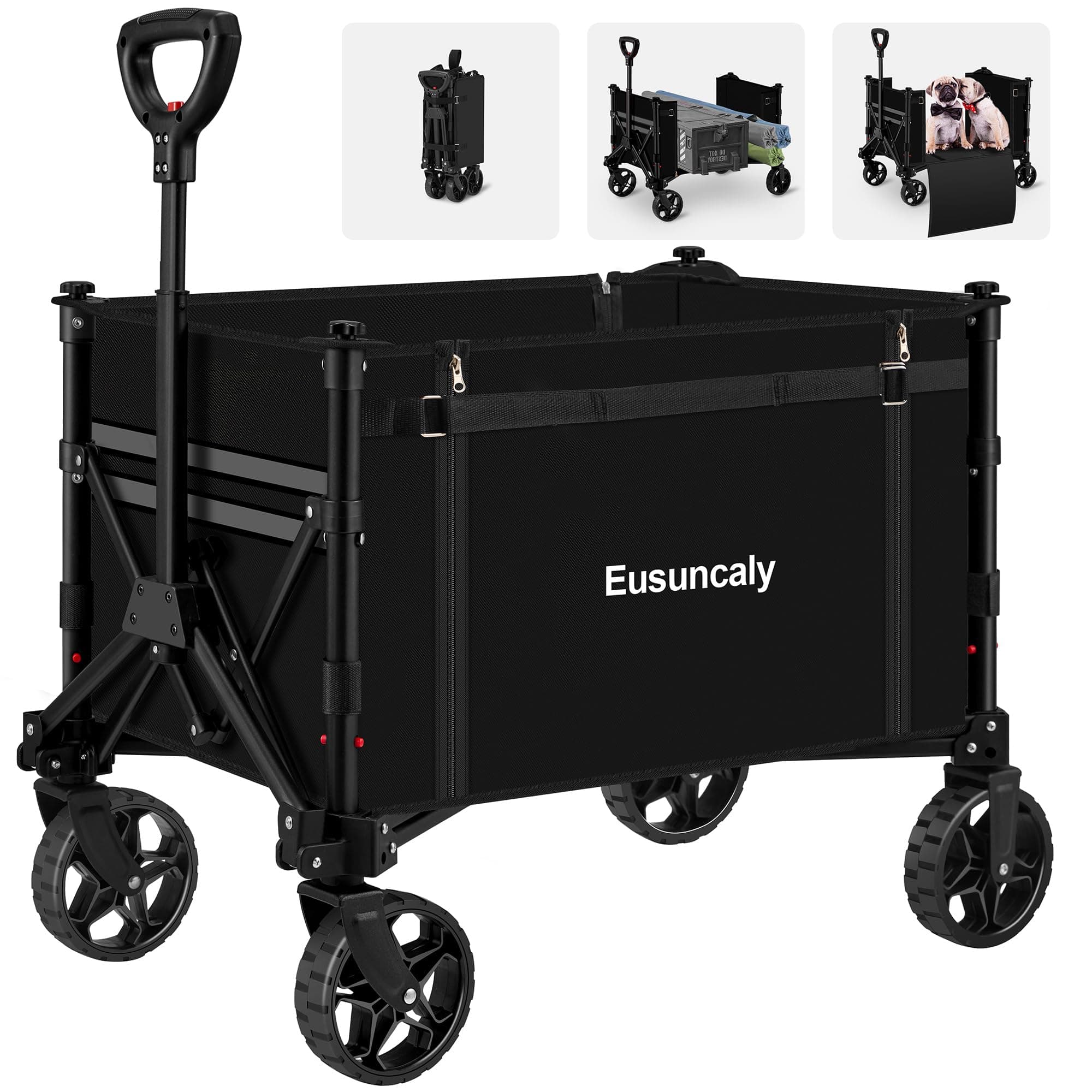 Collapsible Wagon with Wheels, Wagons Carts Foldable, Heavy Duty Folding Utility Cart for Grocery, Camping, Shopping, Sports, Garden, Fishing, Black