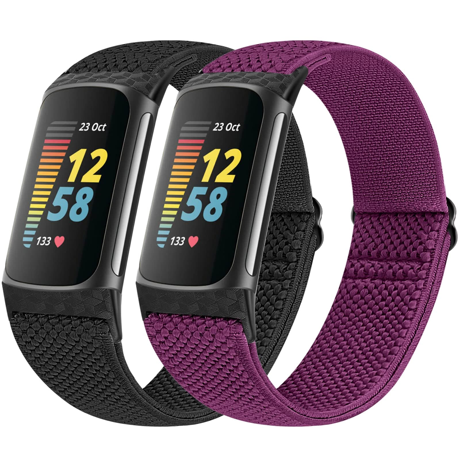 Elastic Straps Only Compatible with Fitbit Charge 6/ Charge 5 Strap, 2 Pack Stretchy Adjustable Nylon Loop Braided Replacement Sport Wristband for Charge 5/Charge 6 Activity Tracker Women Men