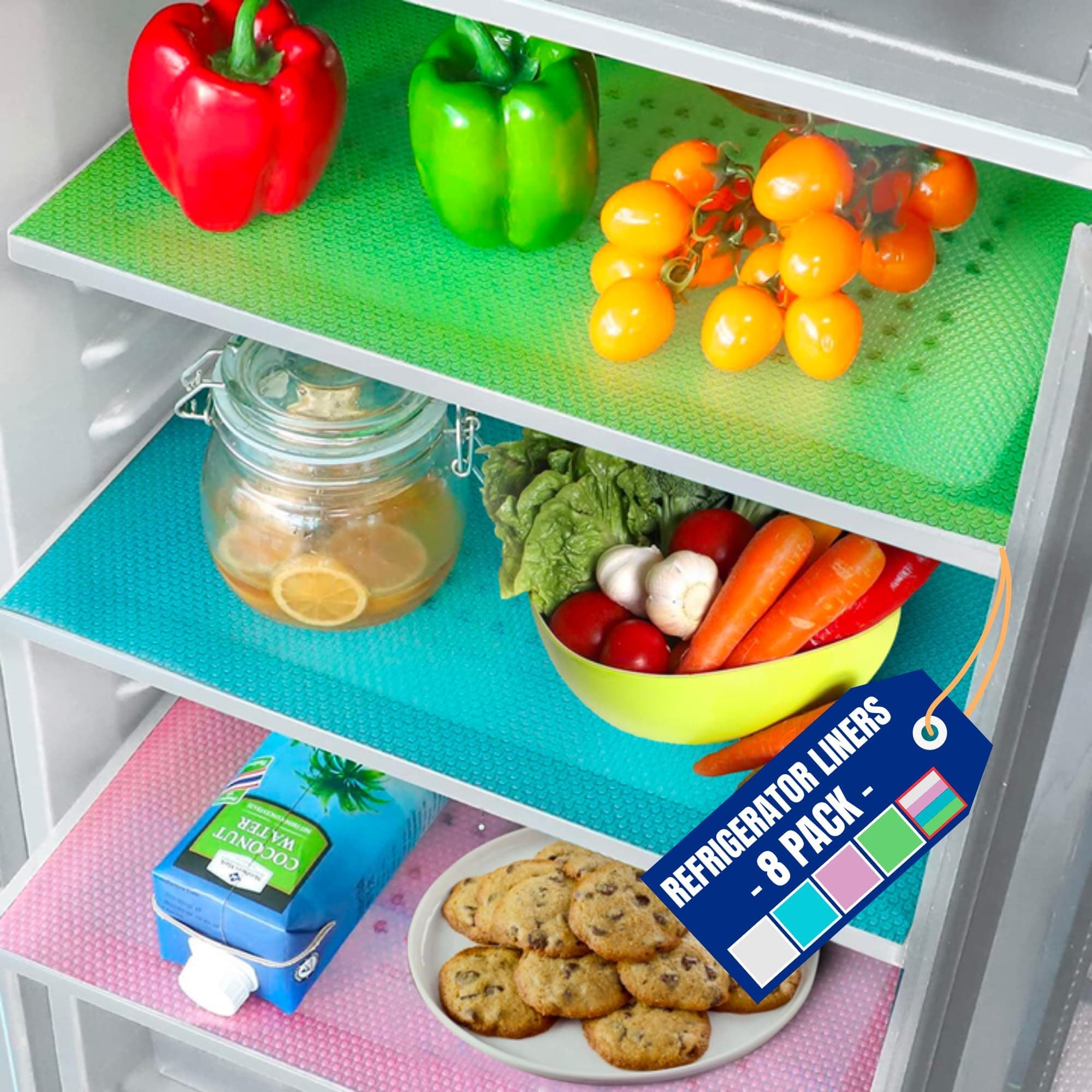 Linda's Essentials Refrigerator Liners for Shelves (8 Pack) by - Easy to Clean Fridge Liner, Spill Protection Refrigerator Shelf Liners Drawer Liner, Nonslip BPA-Free Refrigerator Mats (Multi Color)