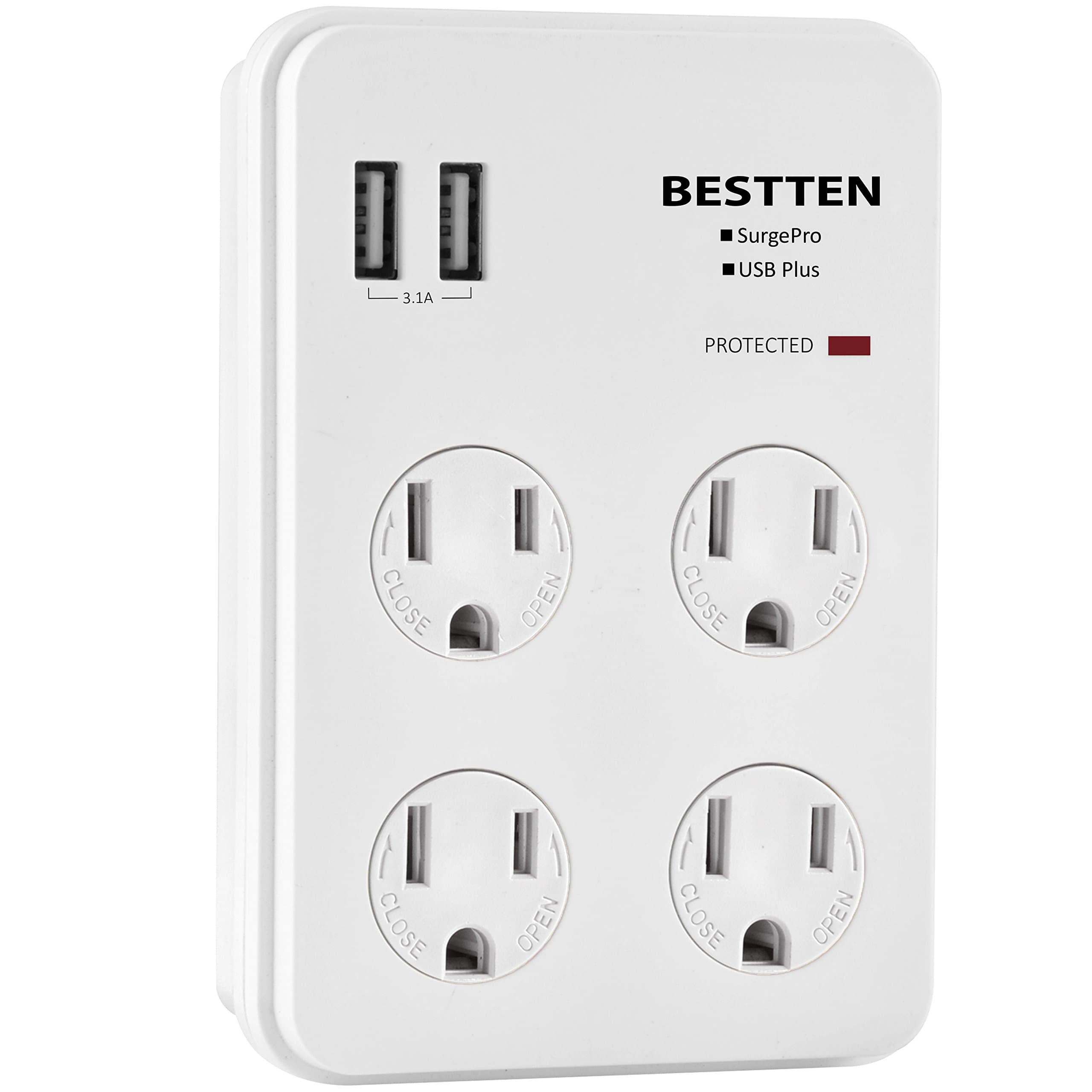 Bestten Wall Outlet Adapter Surge Protector with 2 USB Charging Ports (2.4A/Port, 3.1A Total), 4 Electrical Outlet MultiPliers with Safety Covers, Etl Certified