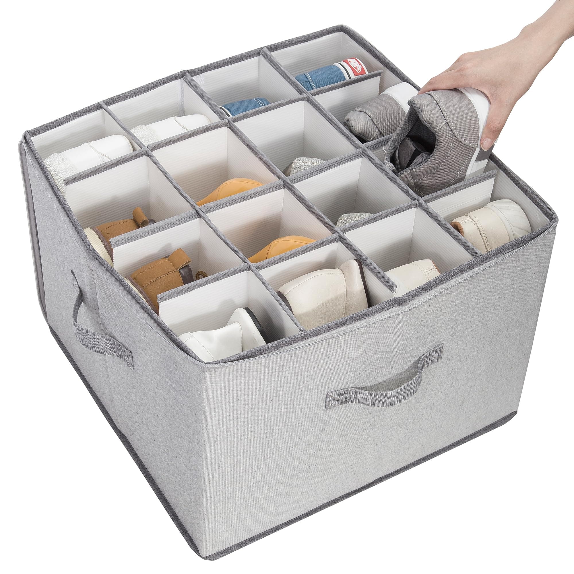 STORAGEIDEAS Shoe Organizer for Closet, Shoe Storage Solution with Clear Cover & Adjustable Dividers, Fabric Shoe Box Fits 16 Pairs Shoes, Grey, 1-Pack