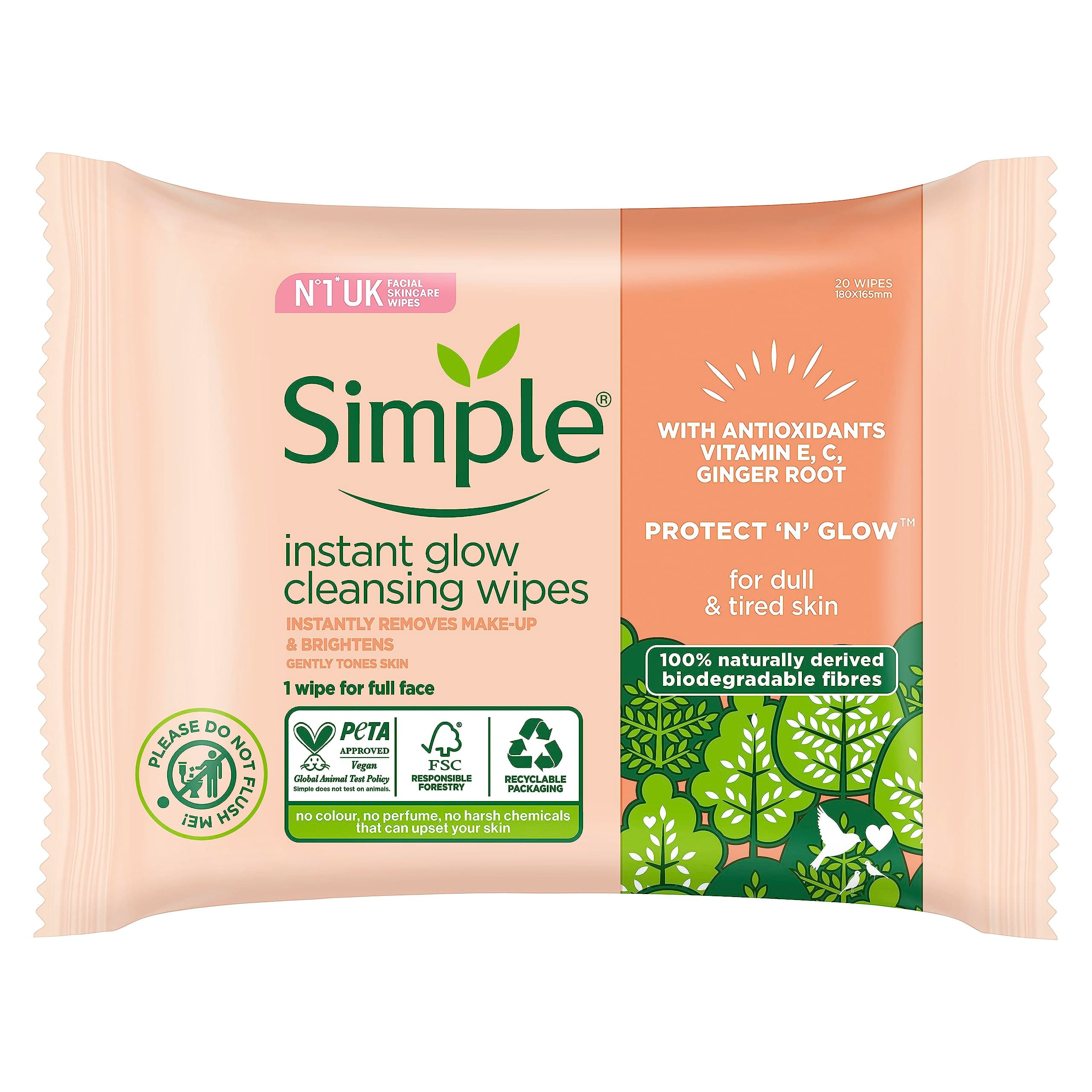 Simple Protect ‘N’ Glow Instant Glow Biodegradable Wipes dermatologically tested for sensitive skin 20 wipes