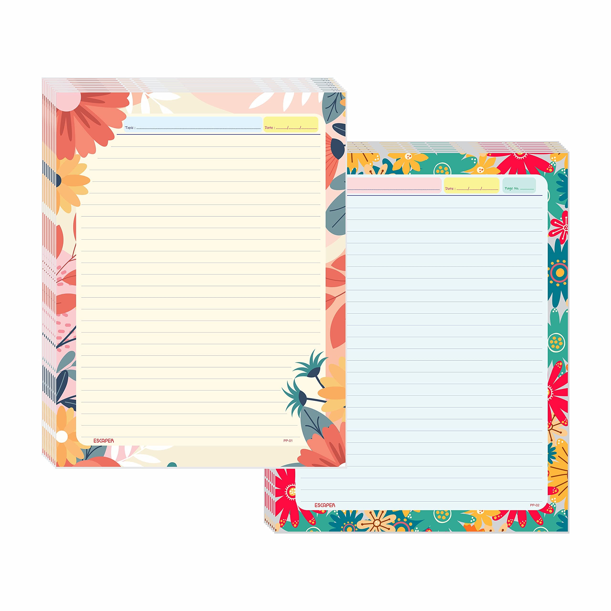 ESCAPER Flowers Theme Project Papers - Multicolor Practical Sheets for Assignment, Art & Craft One Side Ruled Lines Paper, Designer Ruled Coloured Paper, Perfect for School Projects