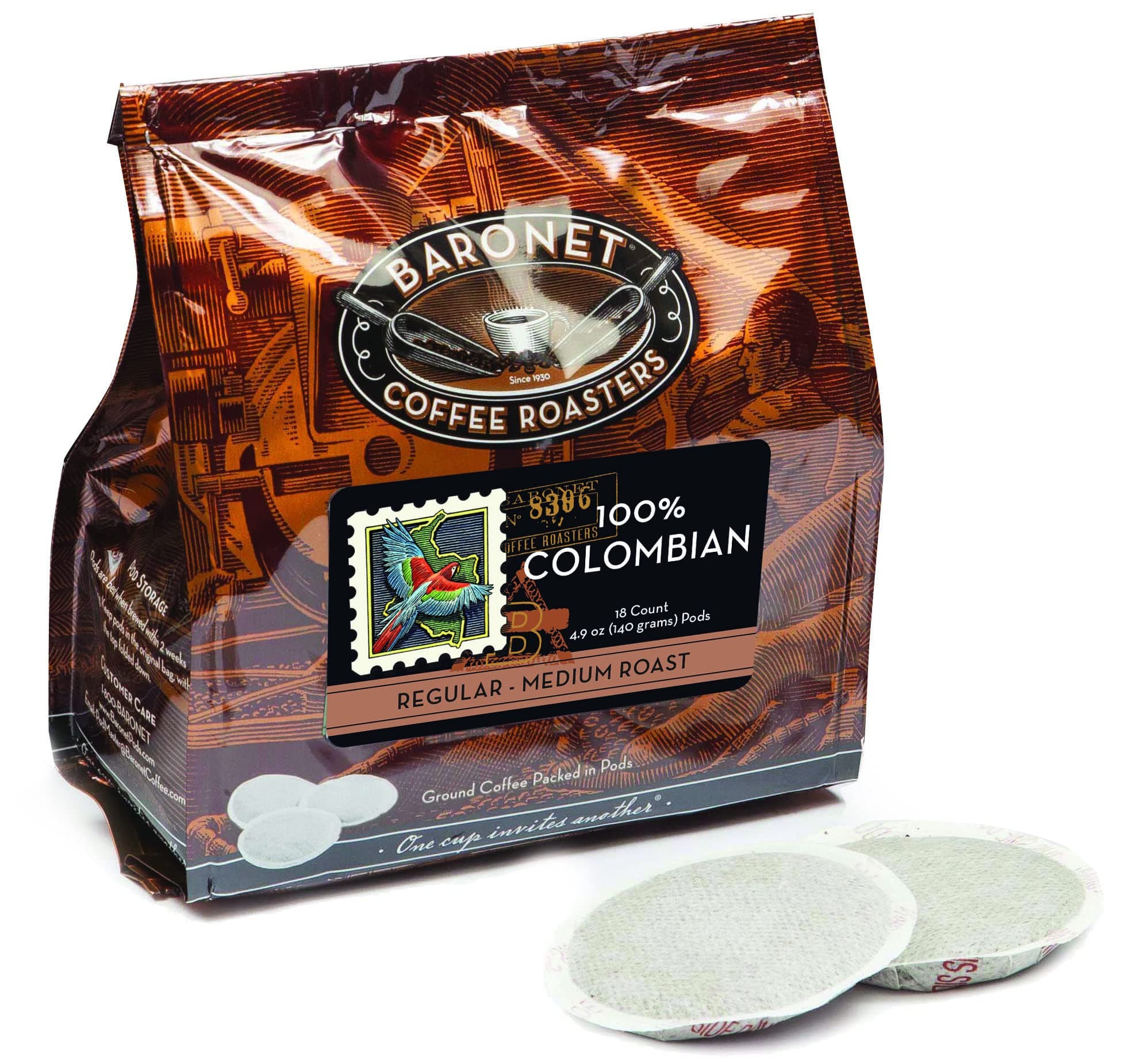 Baronet Coffee Pods [100% Colombian - 54 Pods] Single Cup Use for Senseo Coffee Machine - 3 Bags of 18 Single Serve 8 Gram, Regular Strength, Medium Roast [100% Colombian]
