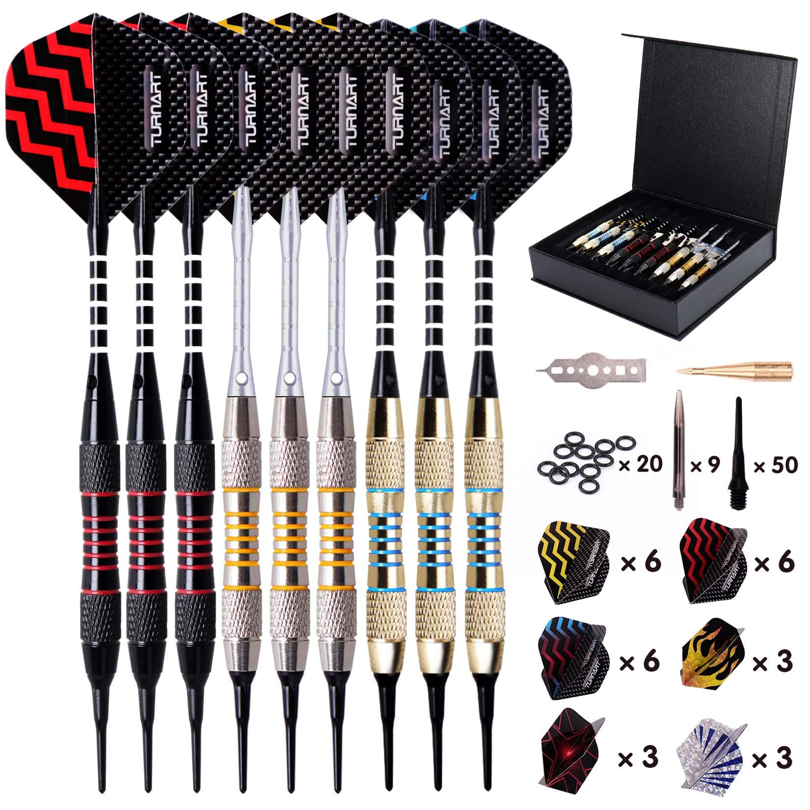 Turnart Darts Plastic Tip - Professional Soft Tip Darts Set for Electronic Dartboard 9 Pcs 18 Grams with 50 Extra Tips 9 Shafts 27 Flights Tool Kit Flight Protectors and Gift Darts Case