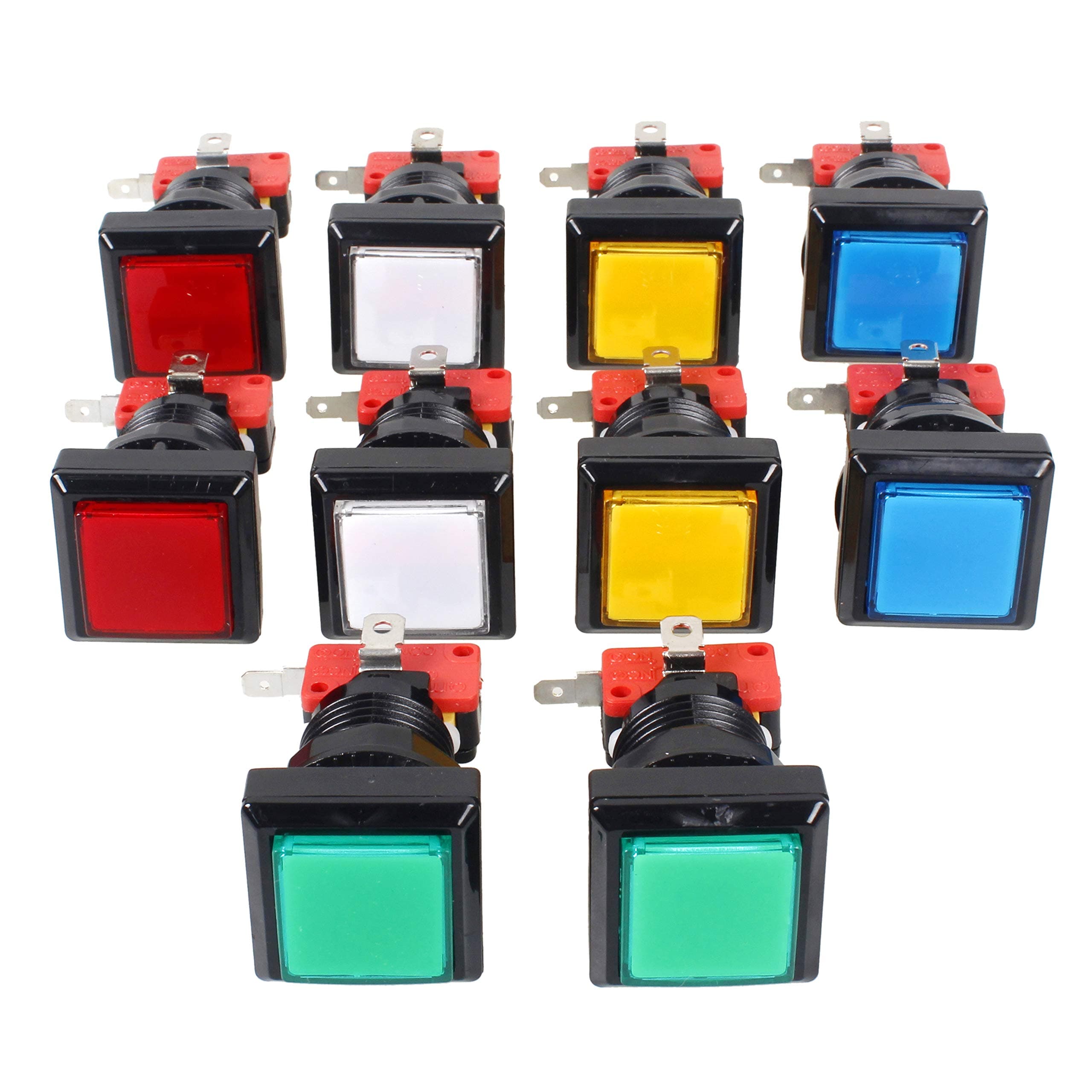 EG Starts 10x Arcade Square Shape LED Illuminated Push Button With Micro Switch For Arcade Machine Gaming Video Game Consoles Jamma Kit Parts 12V Lamp 33mm Buttons ( Each Color of 2 Piece )