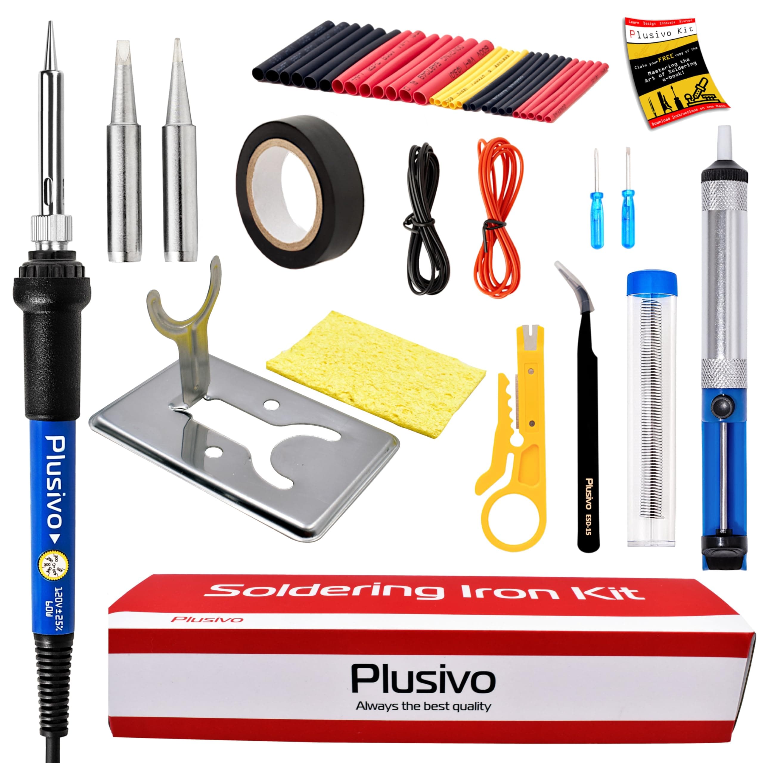 Soldering Iron Kit Electronics, Soldering Iron 60W Adjustable Temperature, Solder Wire, Wire Stripper, Desoldering Pump, Tweezers, Solder Tips, Mini Stand, Screwdrivers, Heatshrink Tubes from Plusivo