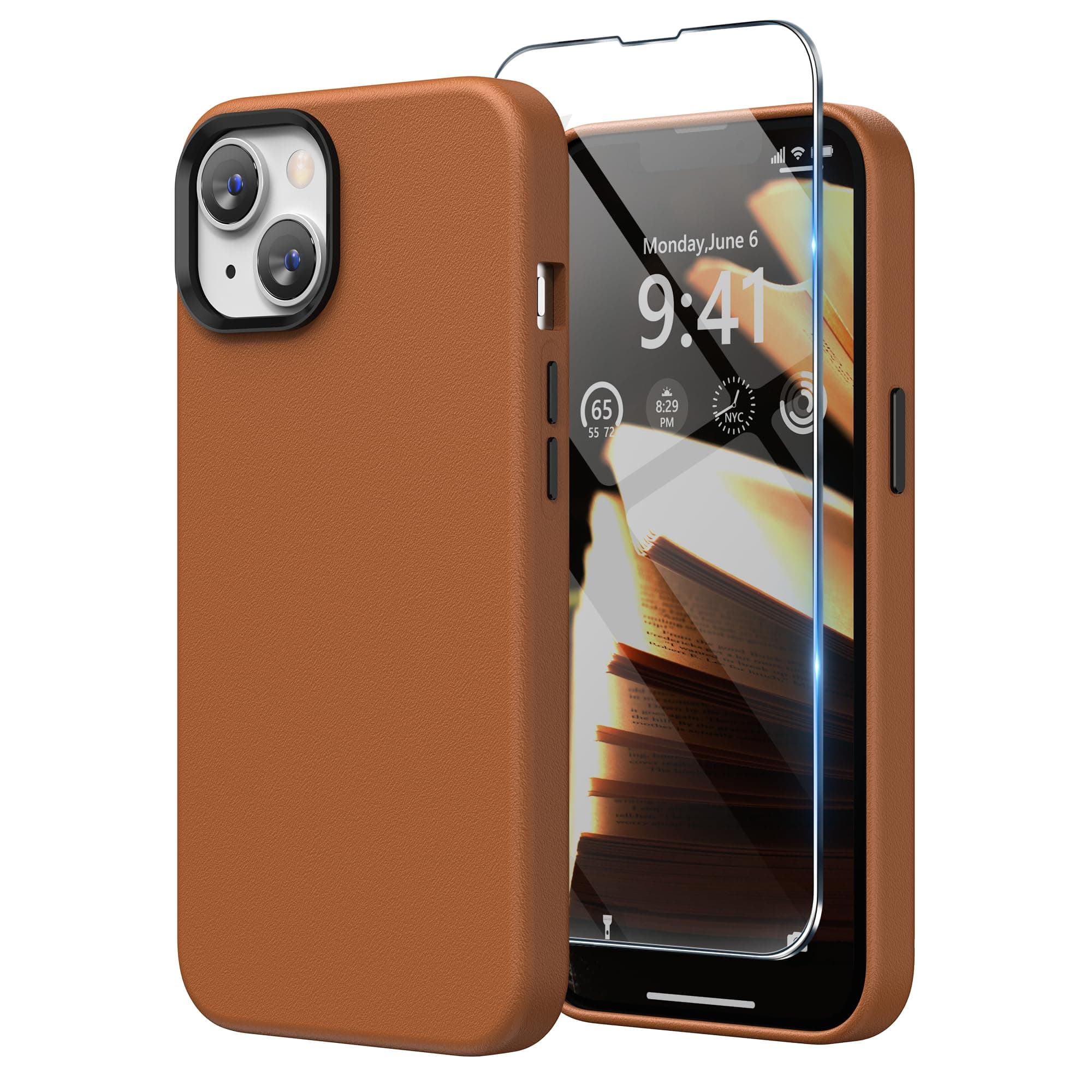 SURPHY Designed for Faux Leather iPhone 14 Case with Screen Protector (6.1 inch), Metallic Buttons & Microfiber Lining Leather Phone Case for 14, Brown