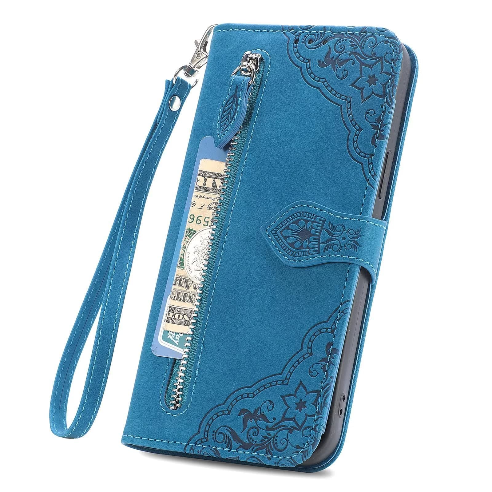 Didan for Xiaomi Redmi Note 9 Zipper Case with 7 Card Slots Strap Shockproof Leather Flip Wallet Handbag Pocket Flower Cover Stand Folio Magnetic Shell