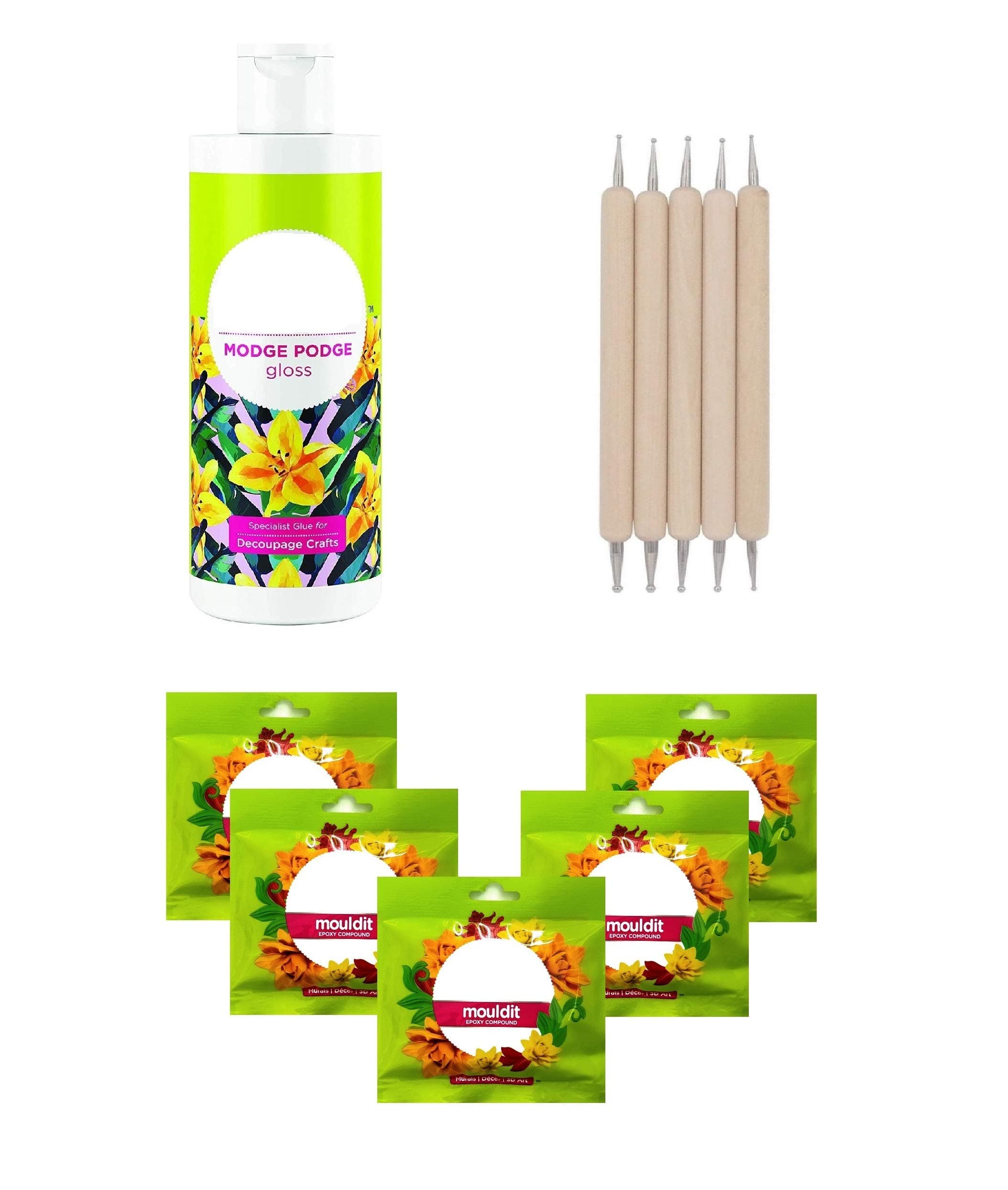 Definite Mouldit Epoxy Compund with Modge Podge Gloss & Dotting Tool (250gm Mouldit, 120ml Modge Podge & 5 Dotting Tool)