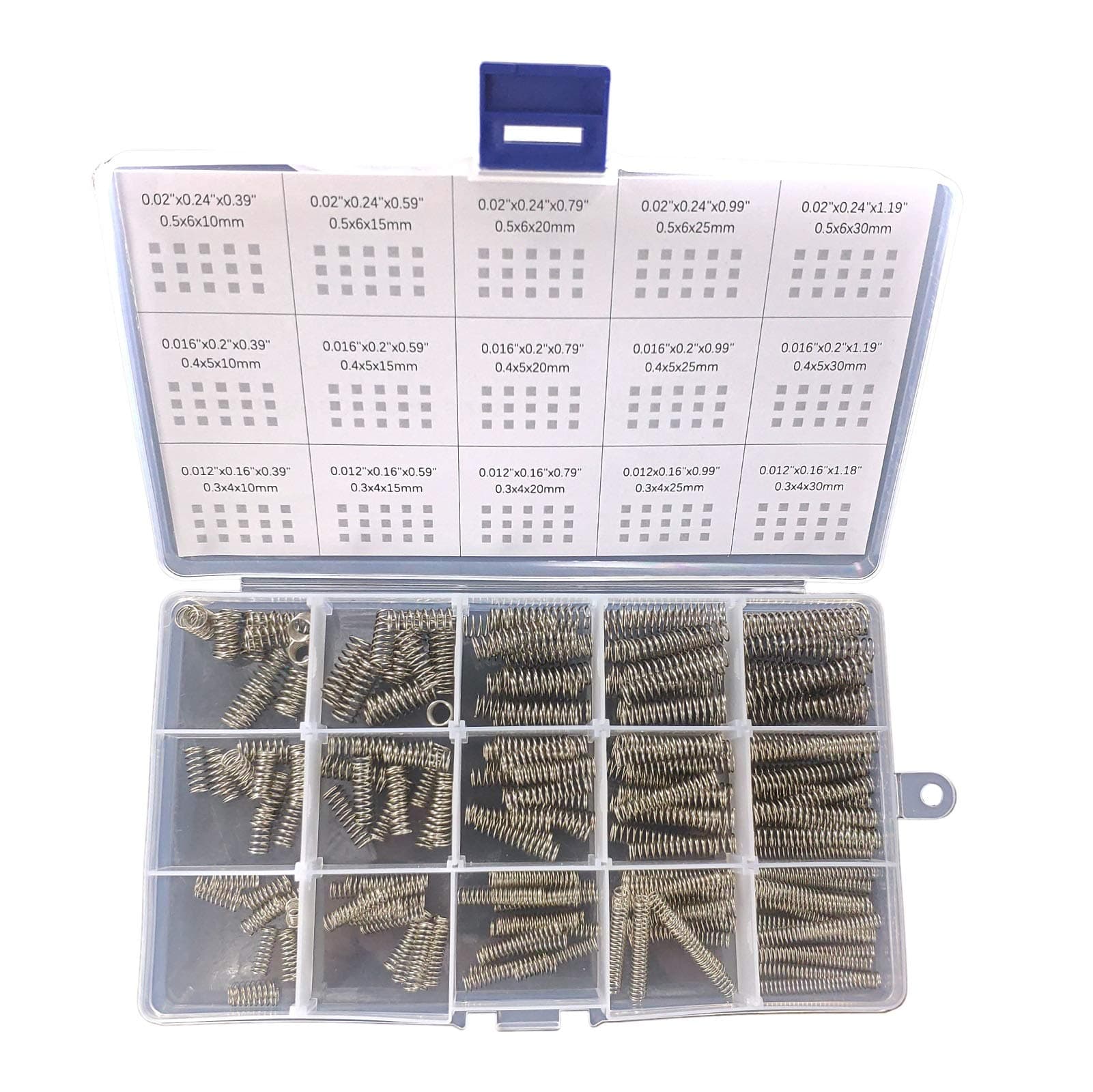 Compression Springs Assortment Kit, 15 Different Sizes 225pcs Mini Stainless Steel Springs for Repairs, 0.39" to 1.18" Length, 0.16" to 0.23" OD, 10mm - 30mm Length, 4-6mm OD