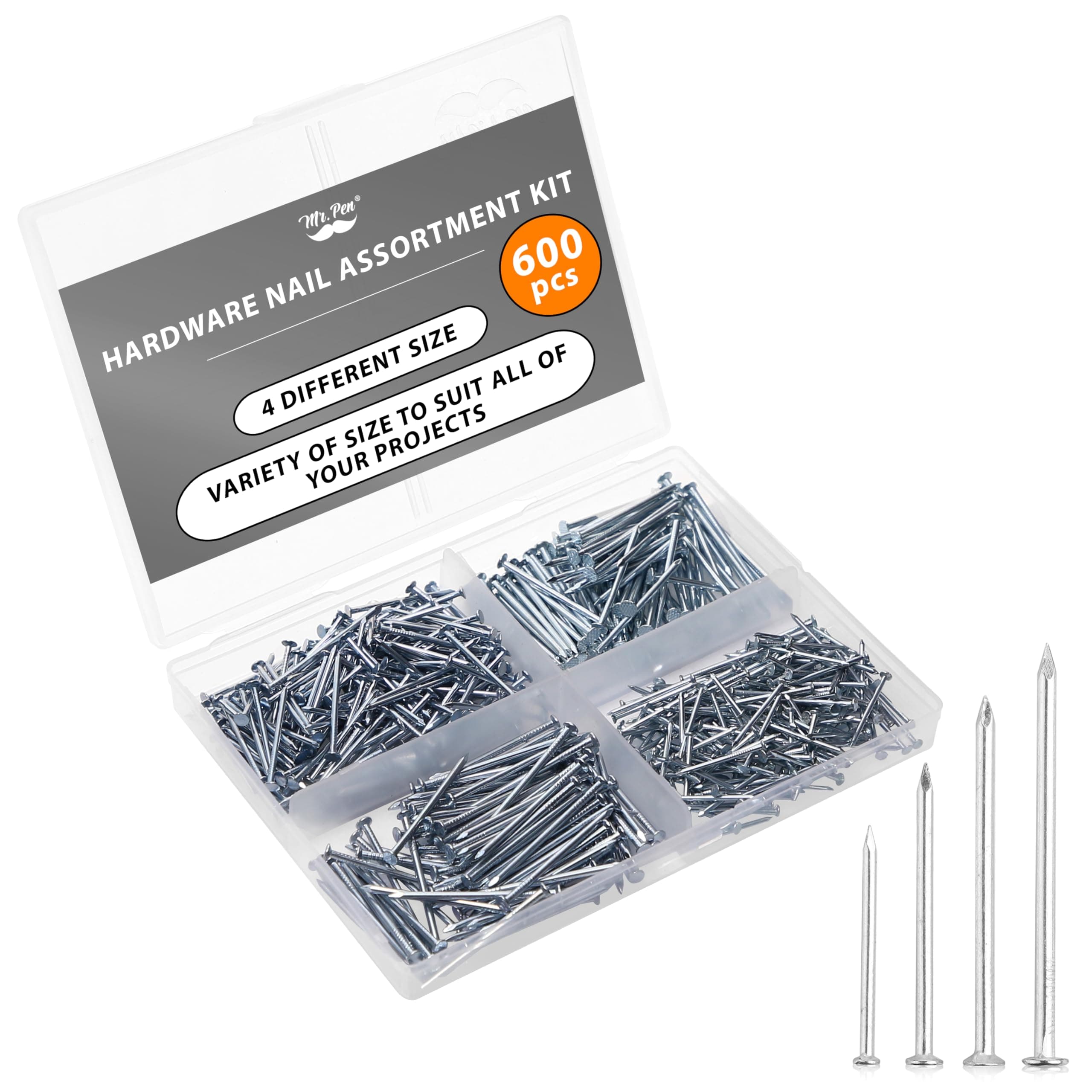 Mr. Pen- Nail Assortment Kit, 600 Pcs, 4 Sizes, Silver, Small Nails for Hanging Pictures, Finishing Nails